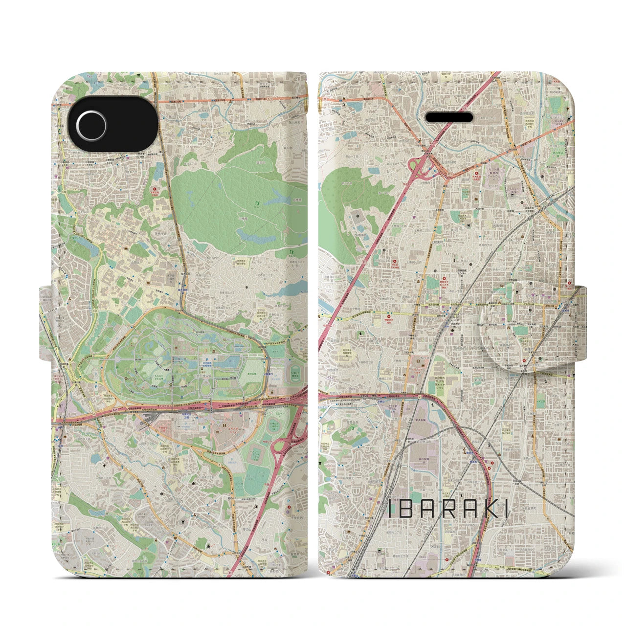 【茨木】地図柄iPhoneケース（手帳両面タイプ・ナチュラル）iPhone SE（第3 / 第2世代） / 8 / 7 / 6s / 6 用
