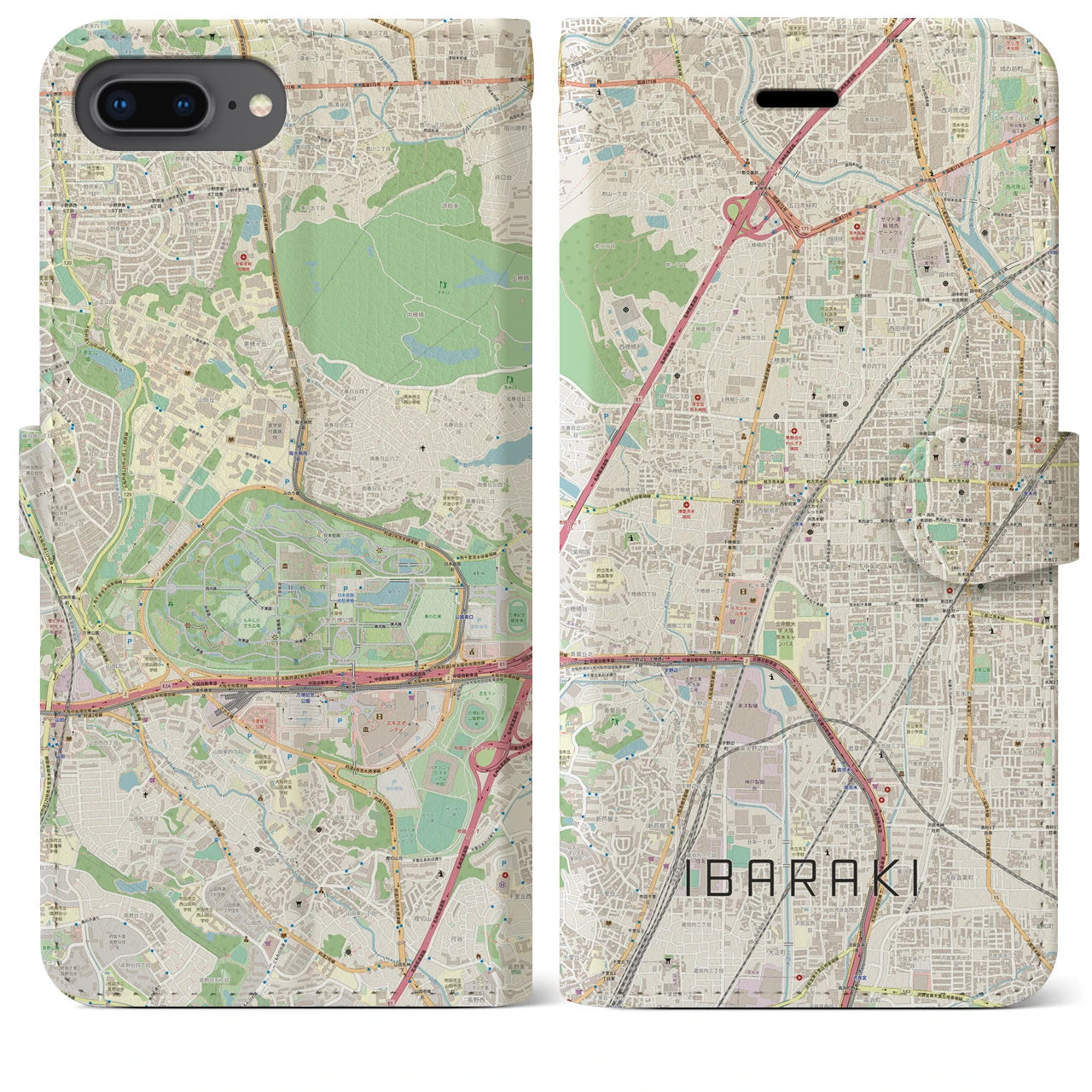 【茨木】地図柄iPhoneケース（手帳両面タイプ・ナチュラル）iPhone 8Plus /7Plus / 6sPlus / 6Plus 用