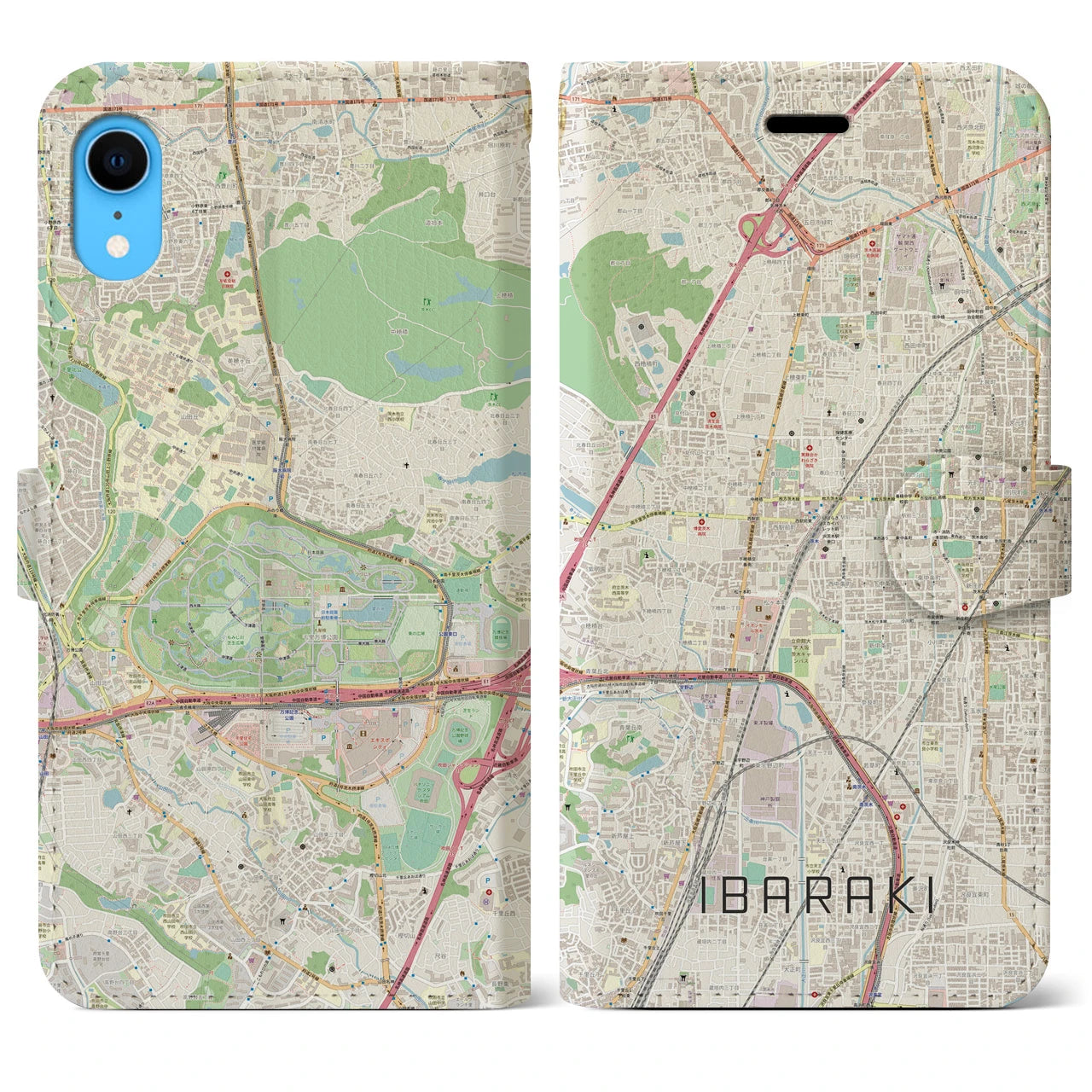 【茨木】地図柄iPhoneケース（手帳両面タイプ・ナチュラル）iPhone XR 用