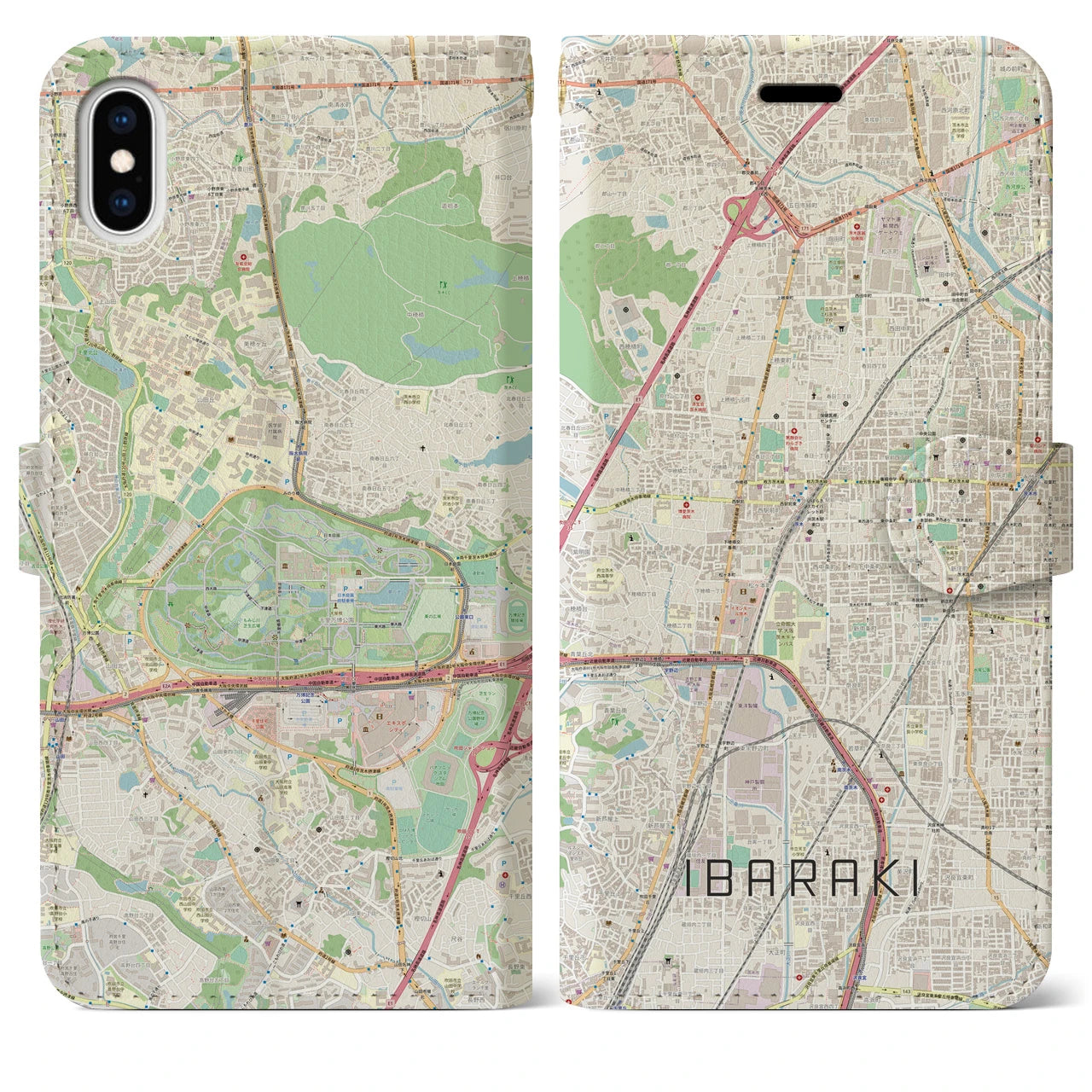 【茨木】地図柄iPhoneケース（手帳両面タイプ・ナチュラル）iPhone XS Max 用
