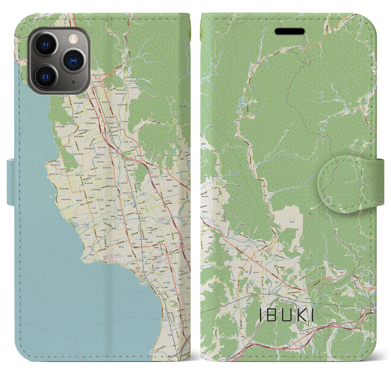 【伊吹】地図柄iPhoneケース（手帳両面タイプ・ナチュラル）iPhone 11 Pro Max 用