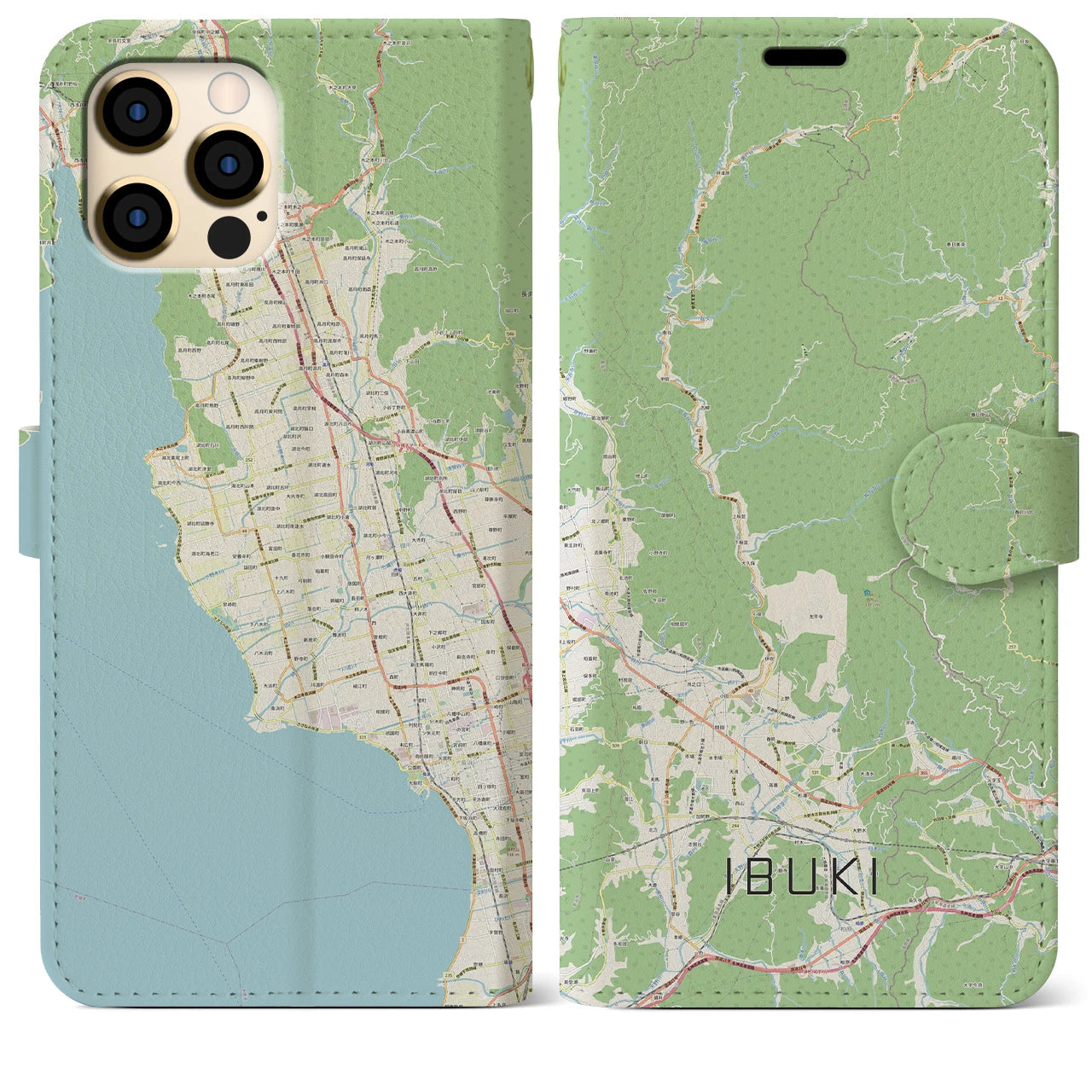 【伊吹】地図柄iPhoneケース（手帳両面タイプ・ナチュラル）iPhone 12 Pro Max 用