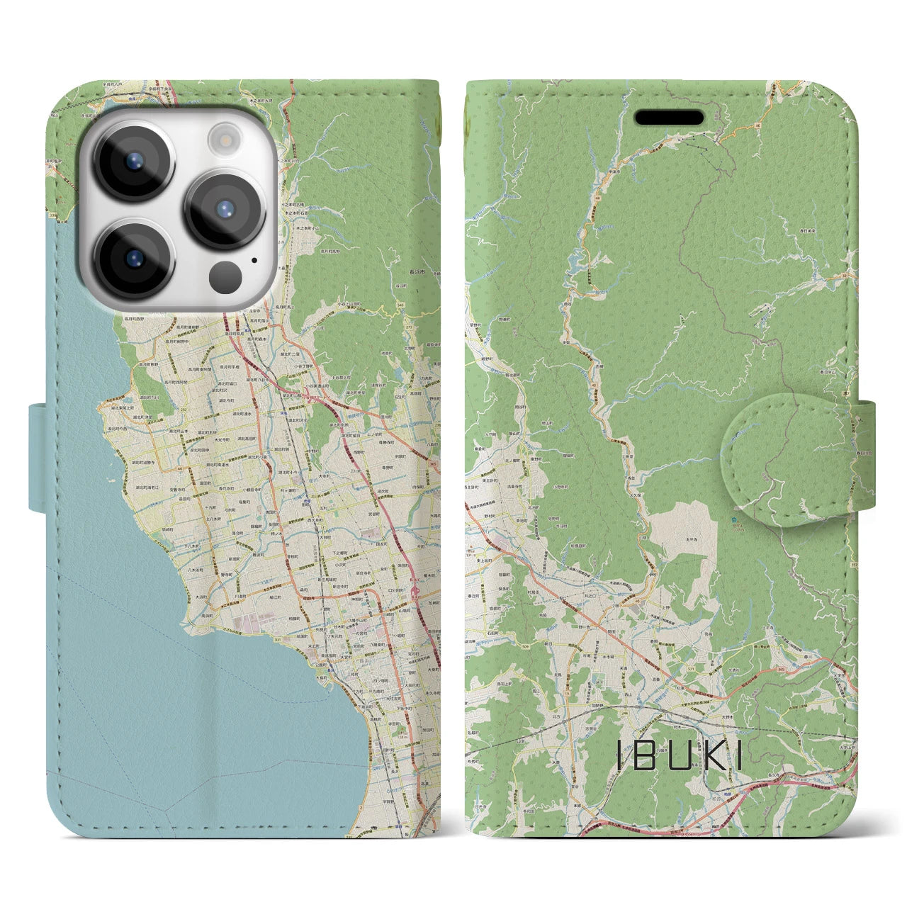 【伊吹】地図柄iPhoneケース（手帳両面タイプ・ナチュラル）iPhone 14 Pro 用