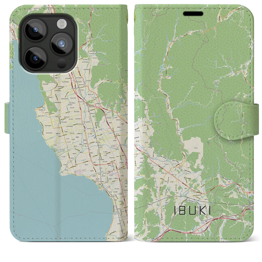 【伊吹】地図柄iPhoneケース（手帳両面タイプ・ナチュラル）iPhone 15 Pro Max 用