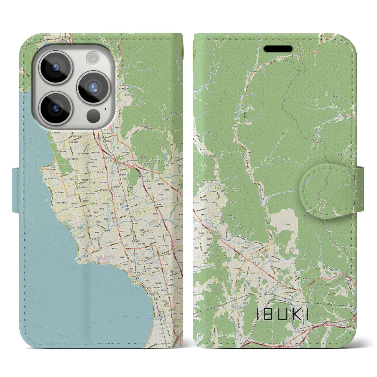 【伊吹】地図柄iPhoneケース（手帳両面タイプ・ナチュラル）iPhone 15 Pro 用