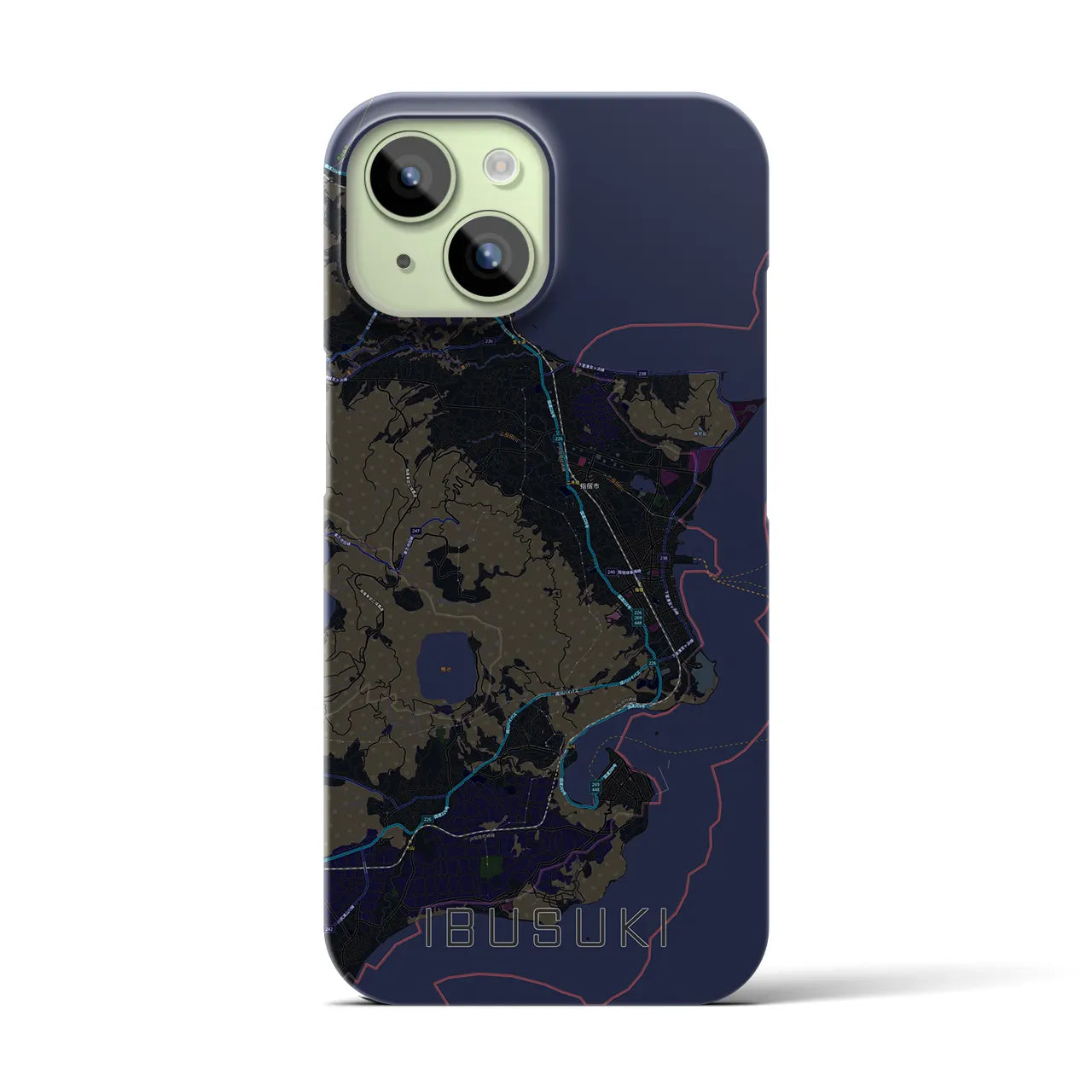 【指宿】地図柄iPhoneケース（バックカバータイプ・ブラック）iPhone 15 用