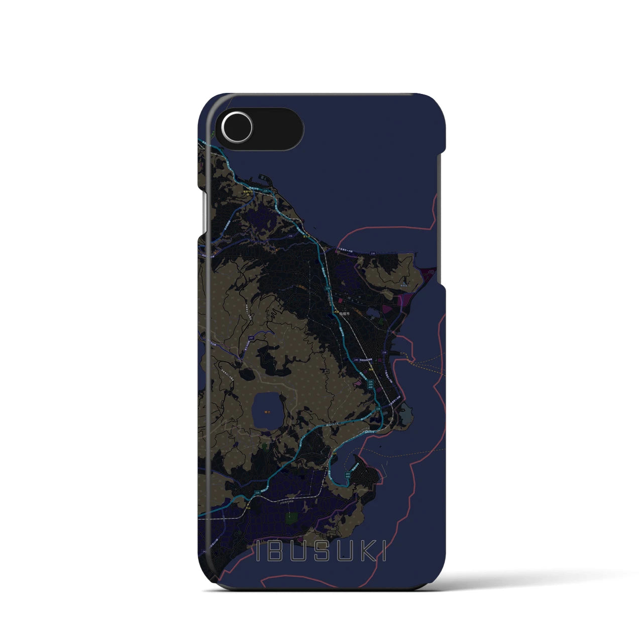 【指宿】地図柄iPhoneケース（バックカバータイプ・ブラック）iPhone SE（第3 / 第2世代） / 8 / 7 / 6s / 6 用