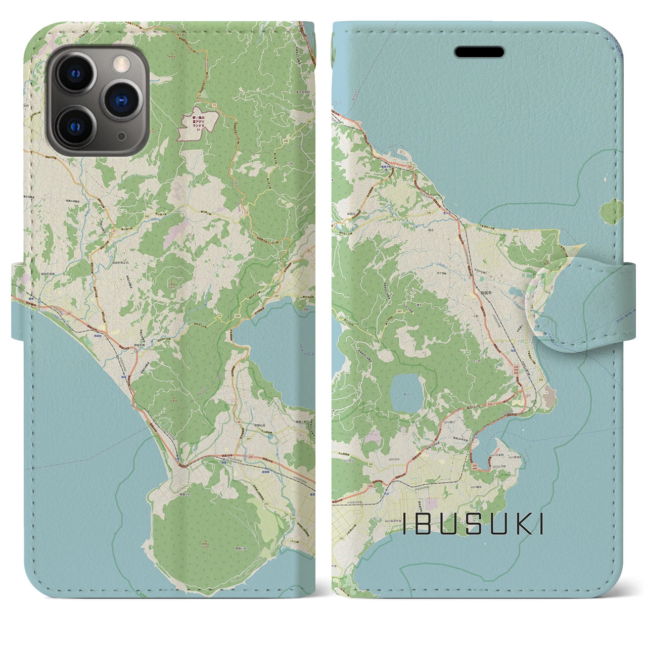 【指宿】地図柄iPhoneケース（手帳両面タイプ・ナチュラル）iPhone 11 Pro Max 用