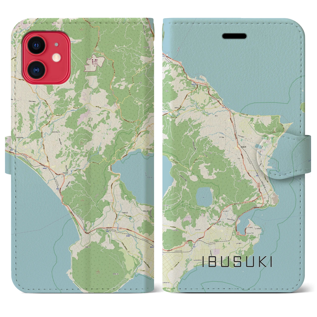 【指宿】地図柄iPhoneケース（手帳両面タイプ・ナチュラル）iPhone 11 用