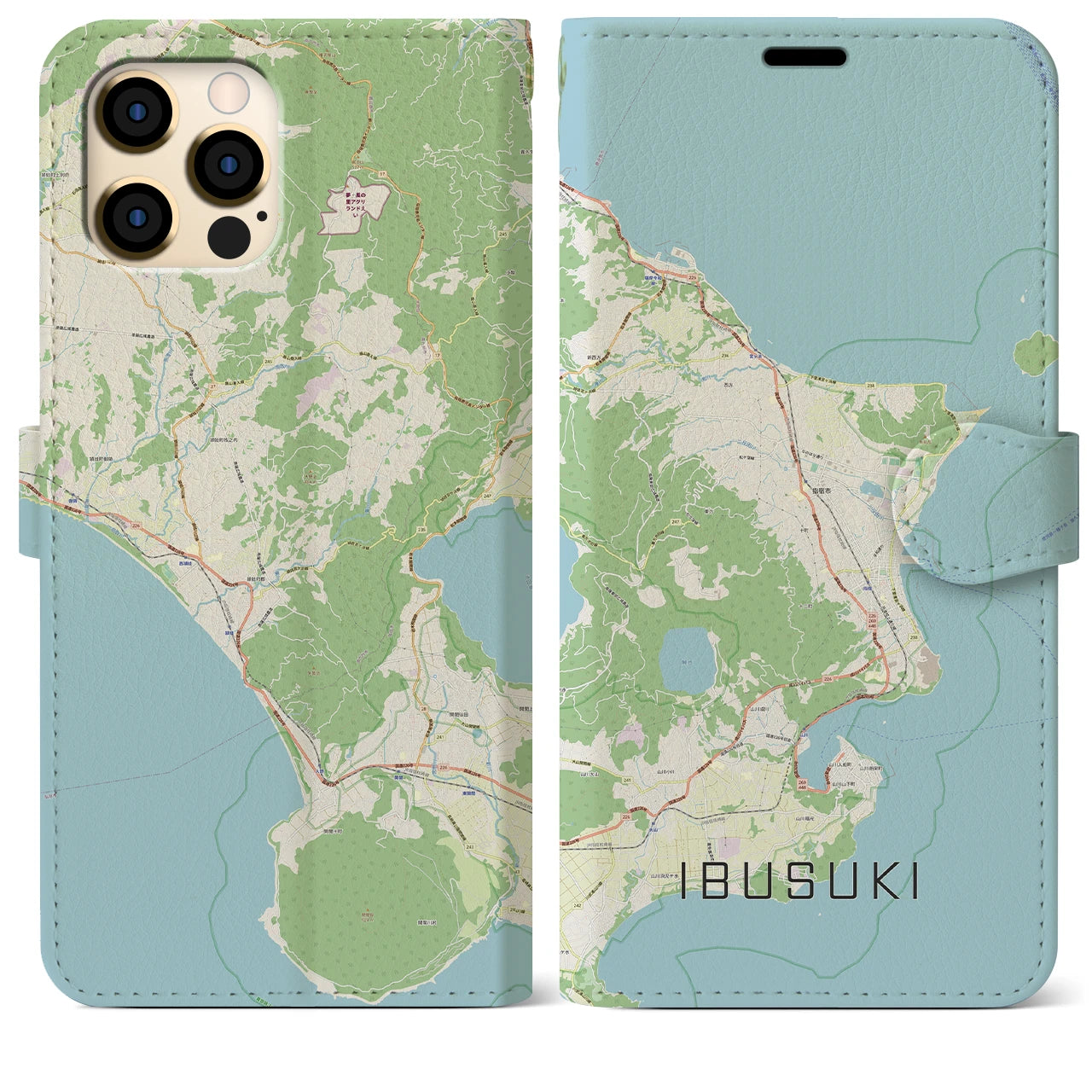 【指宿】地図柄iPhoneケース（手帳両面タイプ・ナチュラル）iPhone 12 Pro Max 用