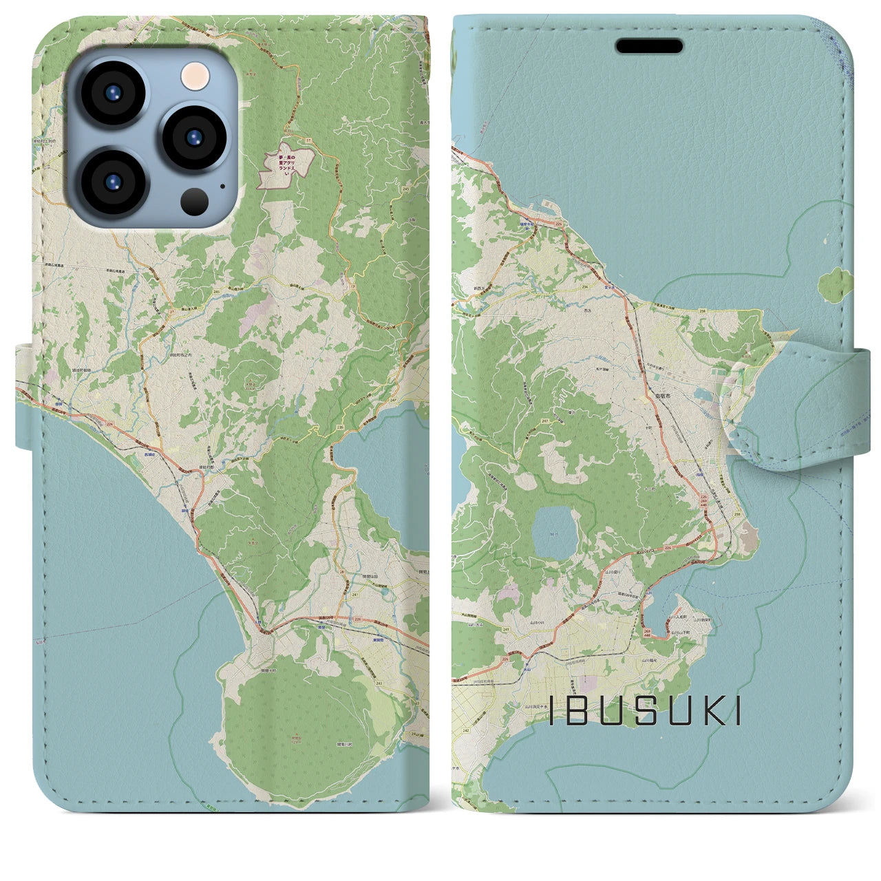 【指宿】地図柄iPhoneケース（手帳両面タイプ・ナチュラル）iPhone 13 Pro Max 用