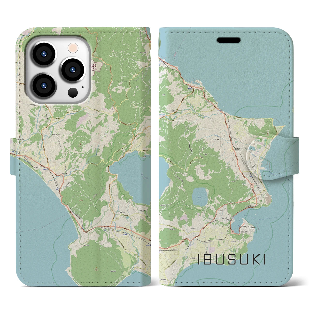 【指宿】地図柄iPhoneケース（手帳両面タイプ・ナチュラル）iPhone 13 Pro 用