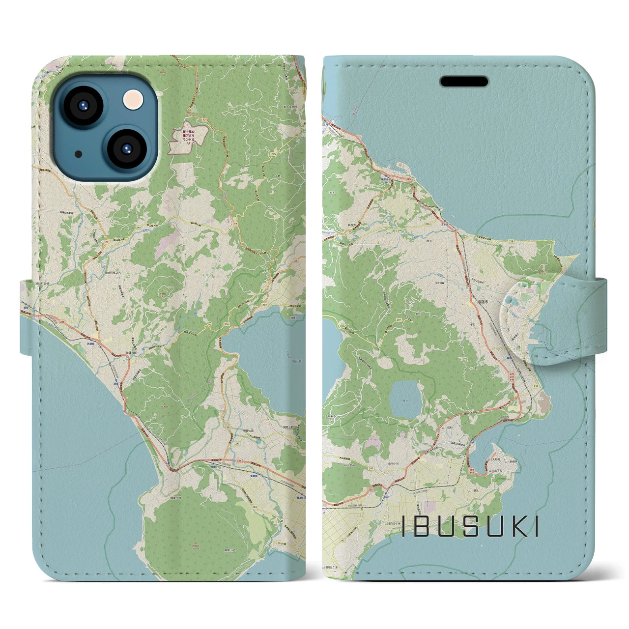 【指宿】地図柄iPhoneケース（手帳両面タイプ・ナチュラル）iPhone 13 用
