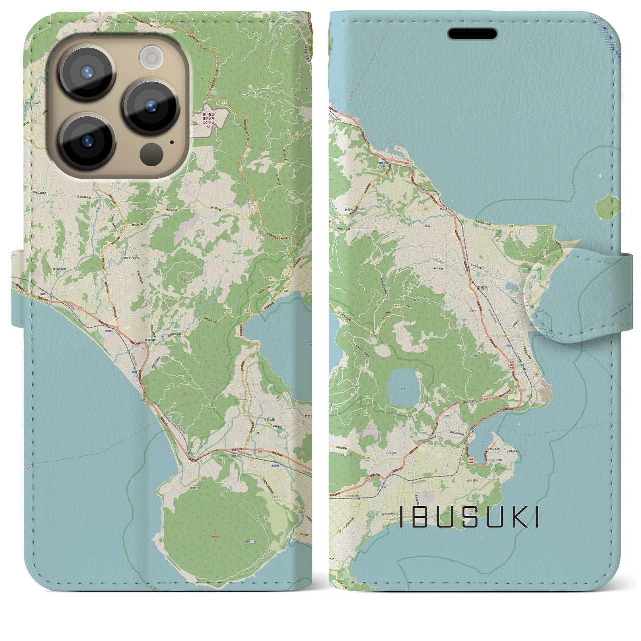 【指宿】地図柄iPhoneケース（手帳両面タイプ・ナチュラル）iPhone 14 Pro Max 用