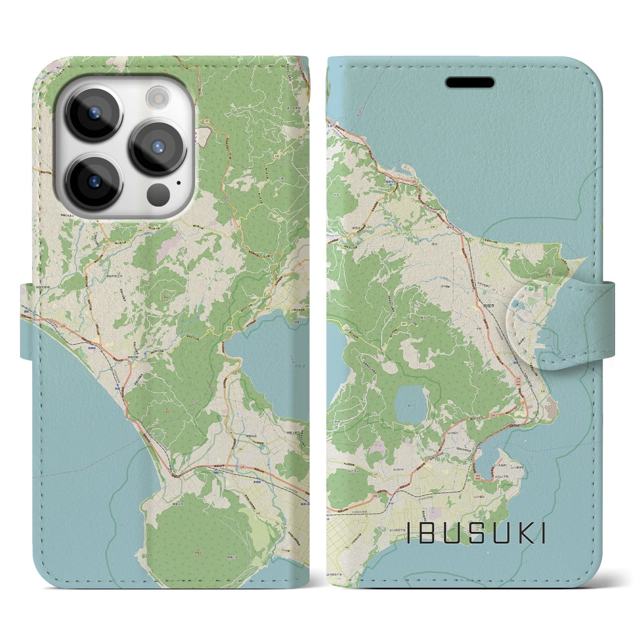 【指宿】地図柄iPhoneケース（手帳両面タイプ・ナチュラル）iPhone 14 Pro 用
