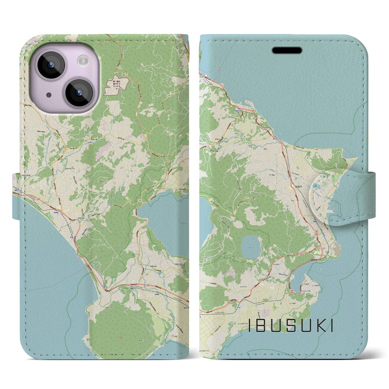 【指宿】地図柄iPhoneケース（手帳両面タイプ・ナチュラル）iPhone 14 用