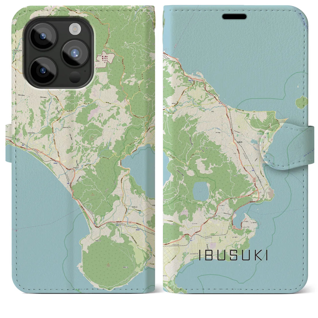 【指宿】地図柄iPhoneケース（手帳両面タイプ・ナチュラル）iPhone 15 Pro Max 用