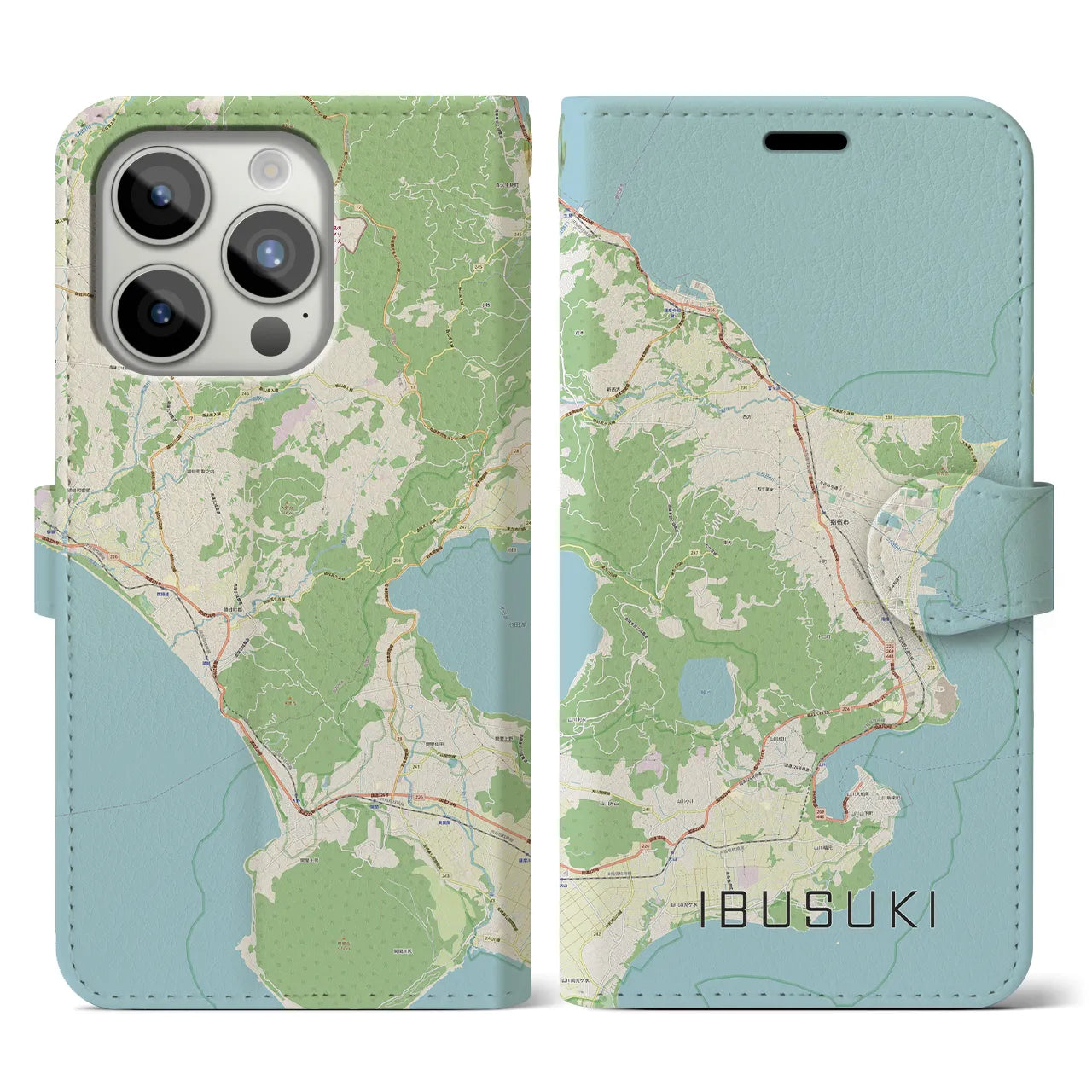 【指宿】地図柄iPhoneケース（手帳両面タイプ・ナチュラル）iPhone 15 Pro 用