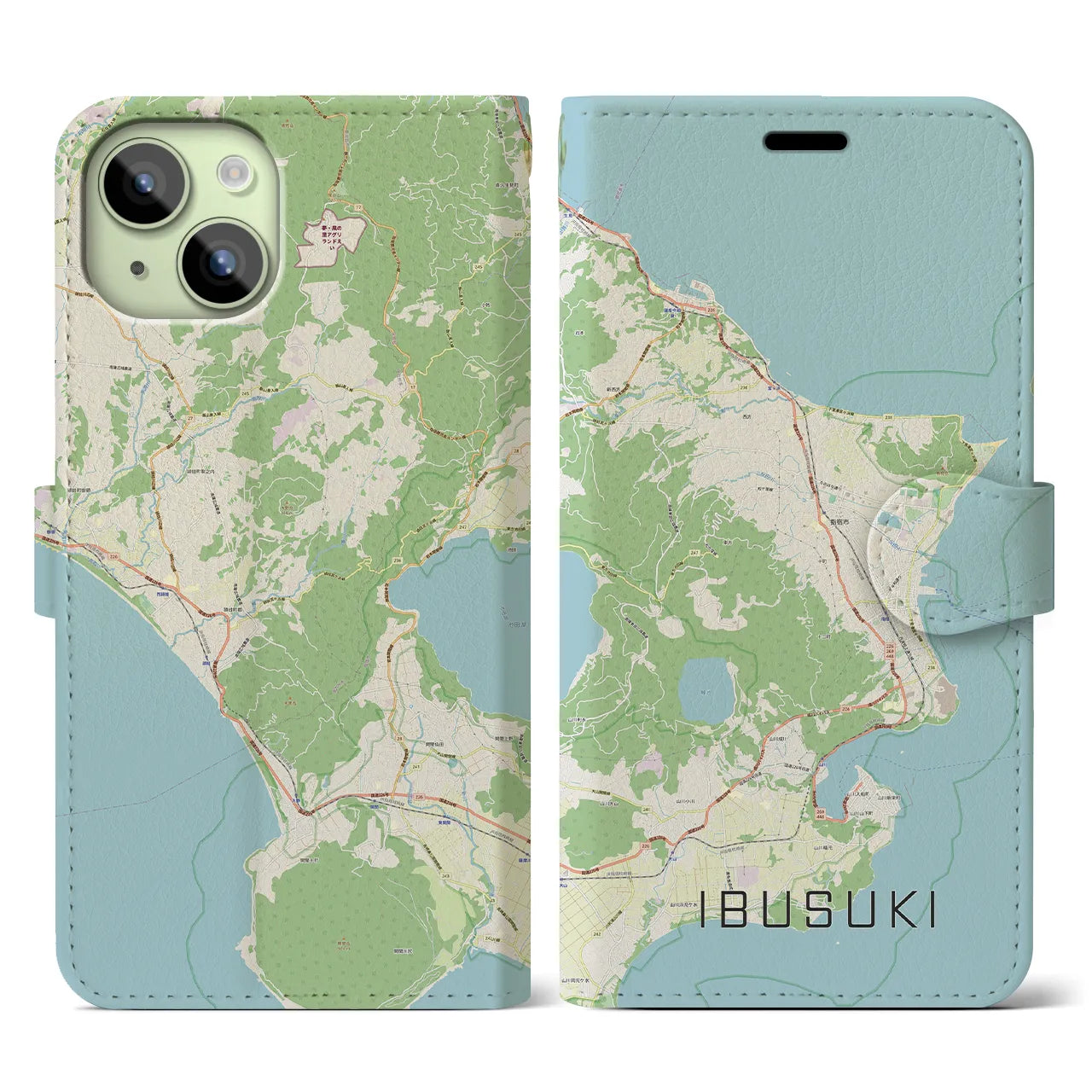 【指宿】地図柄iPhoneケース（手帳両面タイプ・ナチュラル）iPhone 15 用