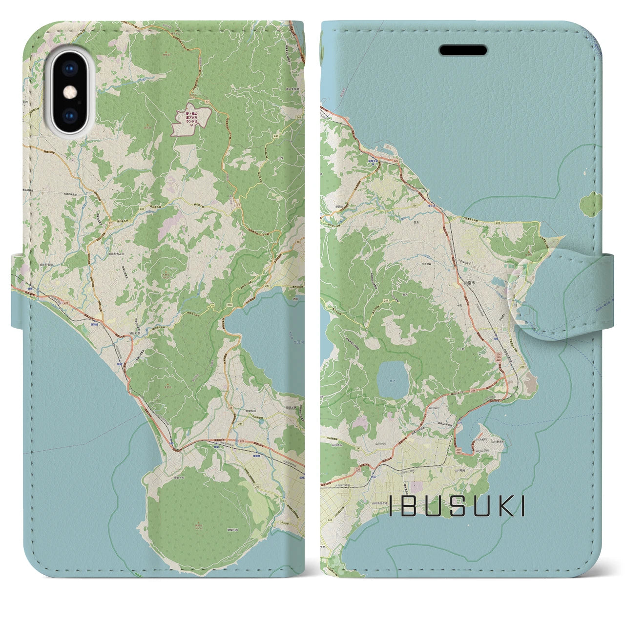 【指宿】地図柄iPhoneケース（手帳両面タイプ・ナチュラル）iPhone XS Max 用