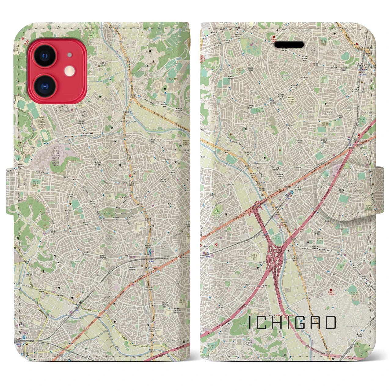 【市が尾】地図柄iPhoneケース（手帳両面タイプ・ナチュラル）iPhone 11 用