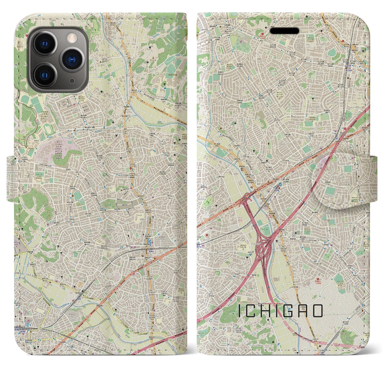 【市が尾】地図柄iPhoneケース（手帳両面タイプ・ナチュラル）iPhone 11 Pro Max 用