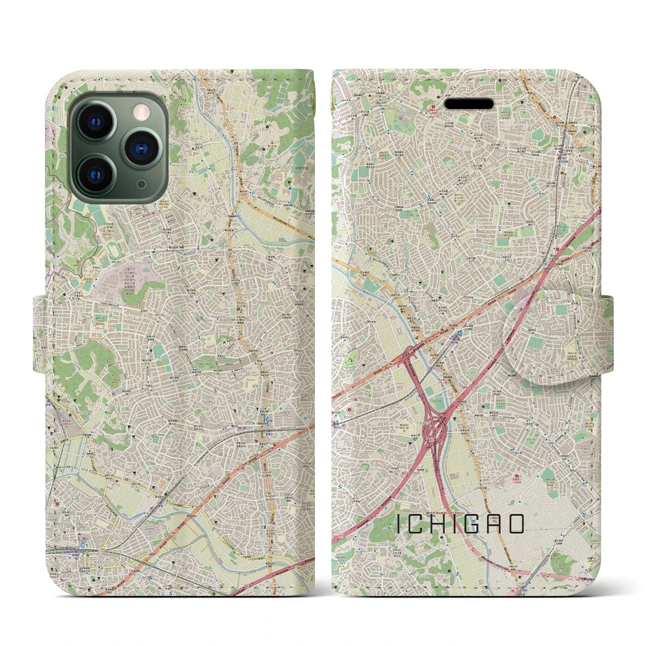 【市が尾】地図柄iPhoneケース（手帳両面タイプ・ナチュラル）iPhone 11 Pro 用