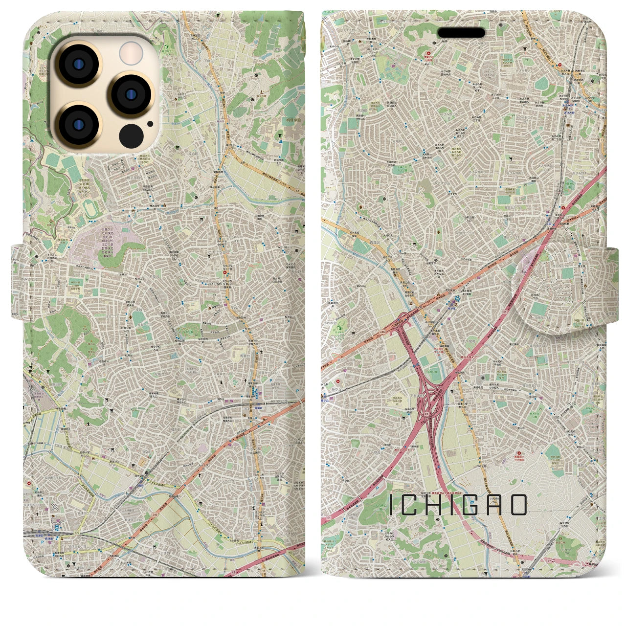 【市が尾】地図柄iPhoneケース（手帳両面タイプ・ナチュラル）iPhone 12 Pro Max 用