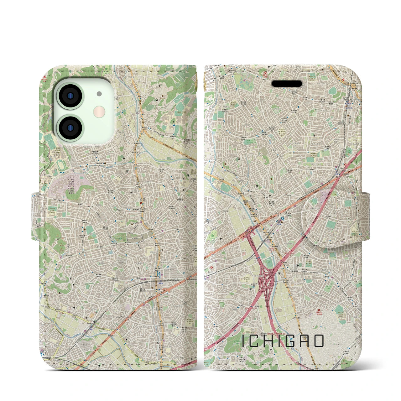 【市が尾】地図柄iPhoneケース（手帳両面タイプ・ナチュラル）iPhone 12 mini 用