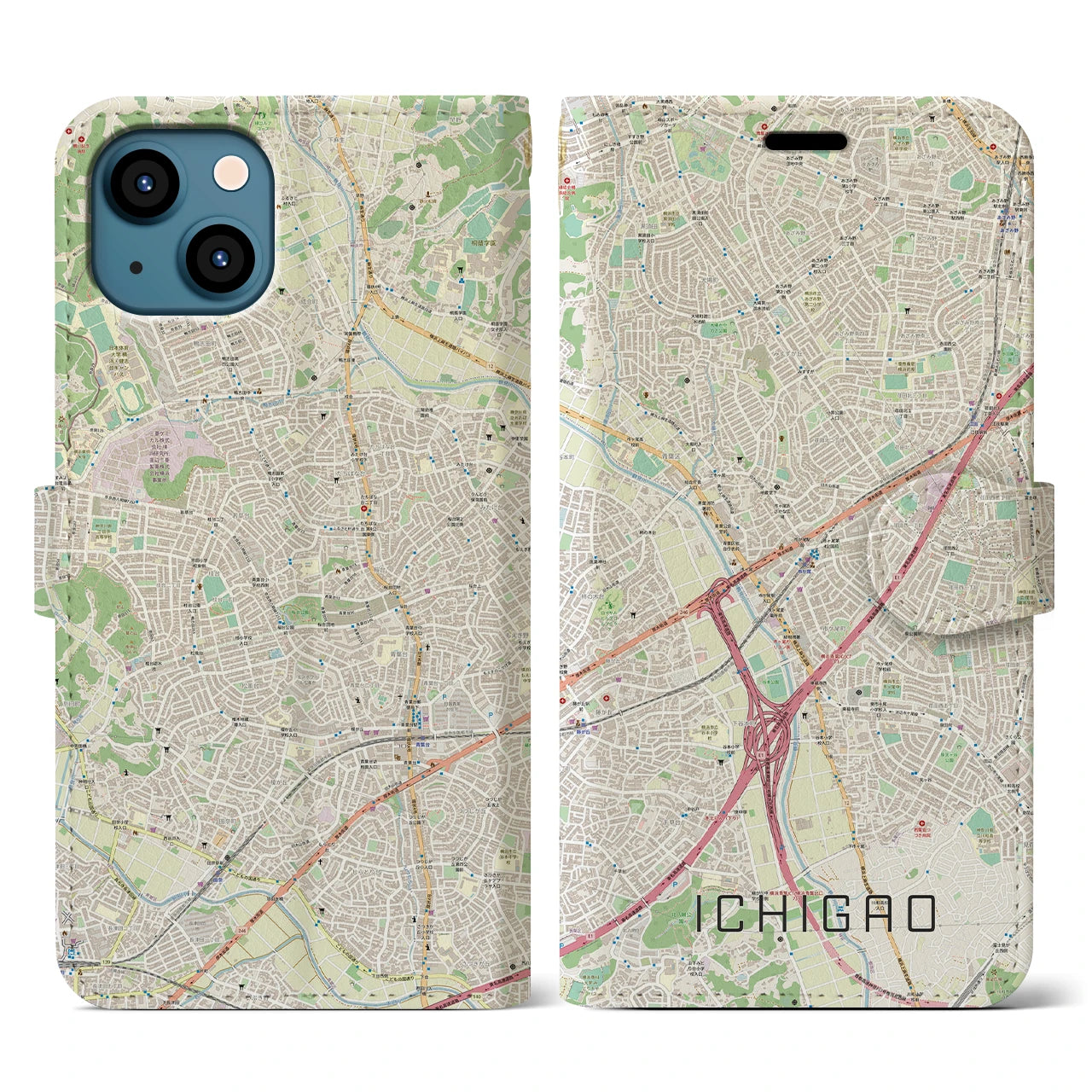 【市が尾】地図柄iPhoneケース（手帳両面タイプ・ナチュラル）iPhone 13 用