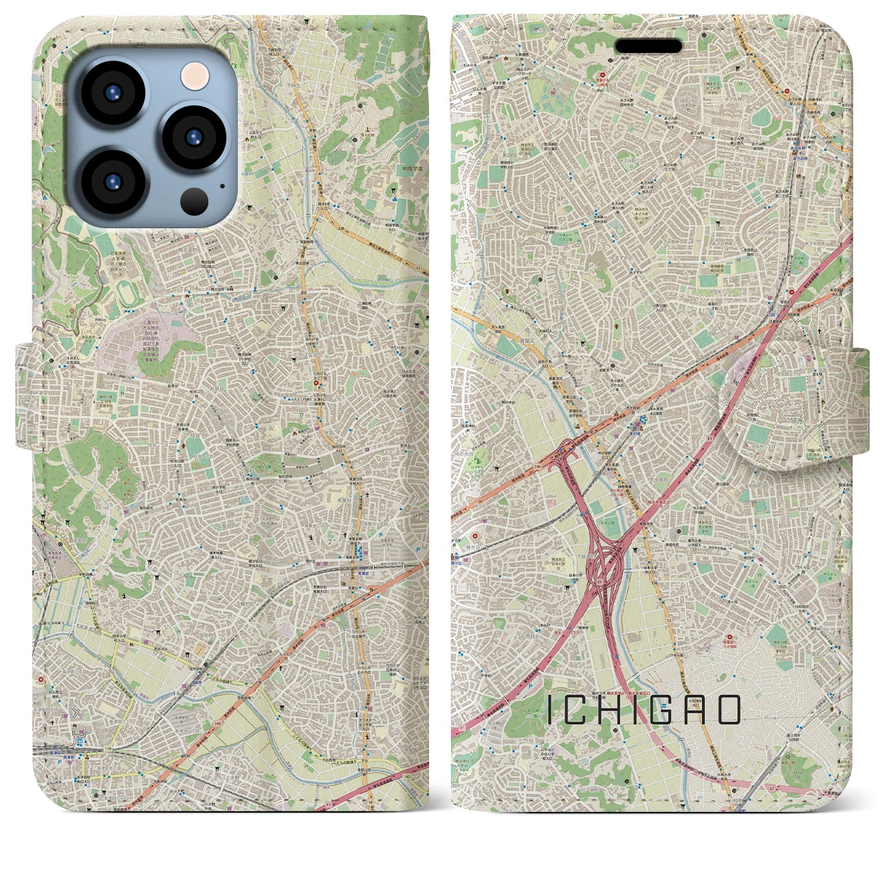【市が尾】地図柄iPhoneケース（手帳両面タイプ・ナチュラル）iPhone 13 Pro Max 用