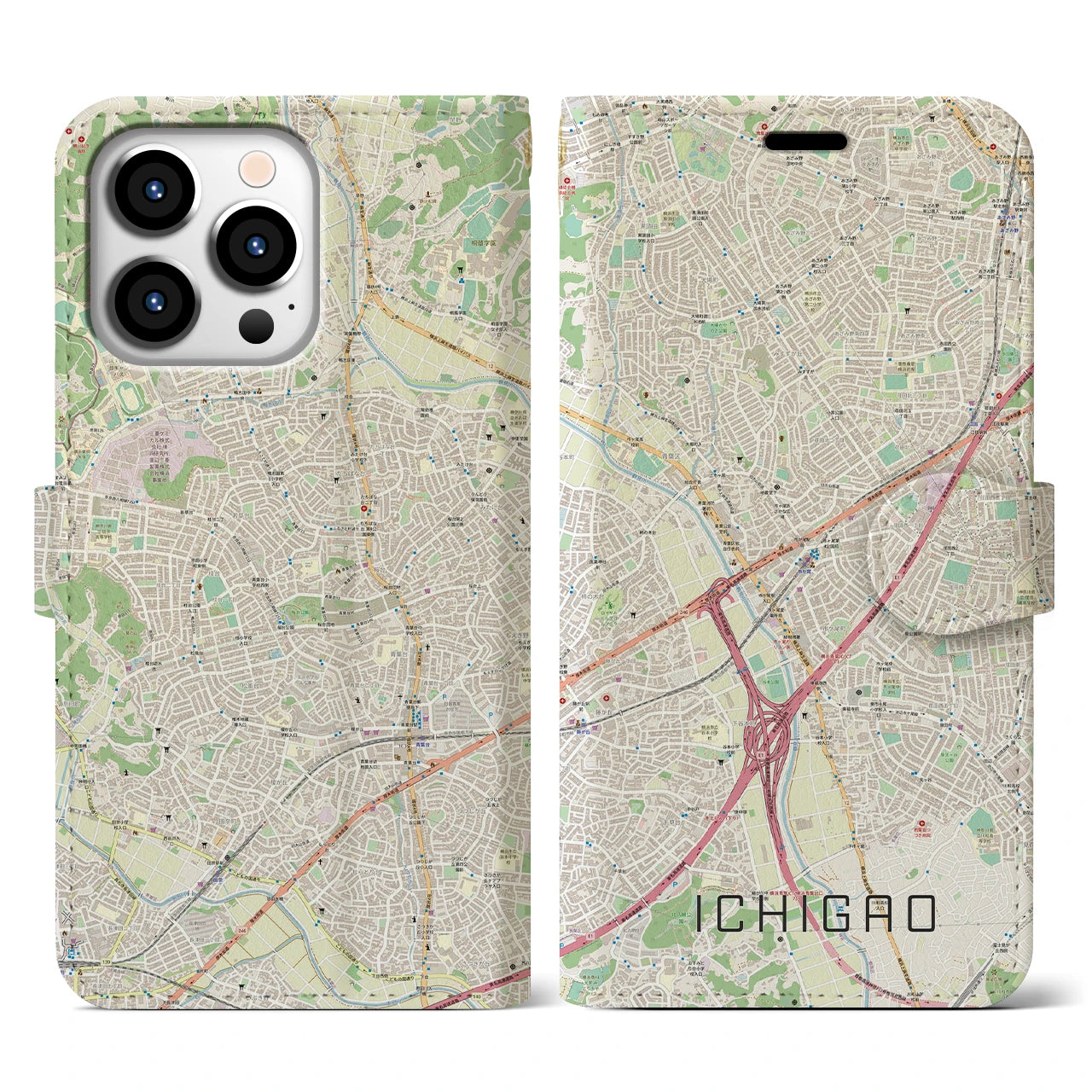 【市が尾】地図柄iPhoneケース（手帳両面タイプ・ナチュラル）iPhone 13 Pro 用
