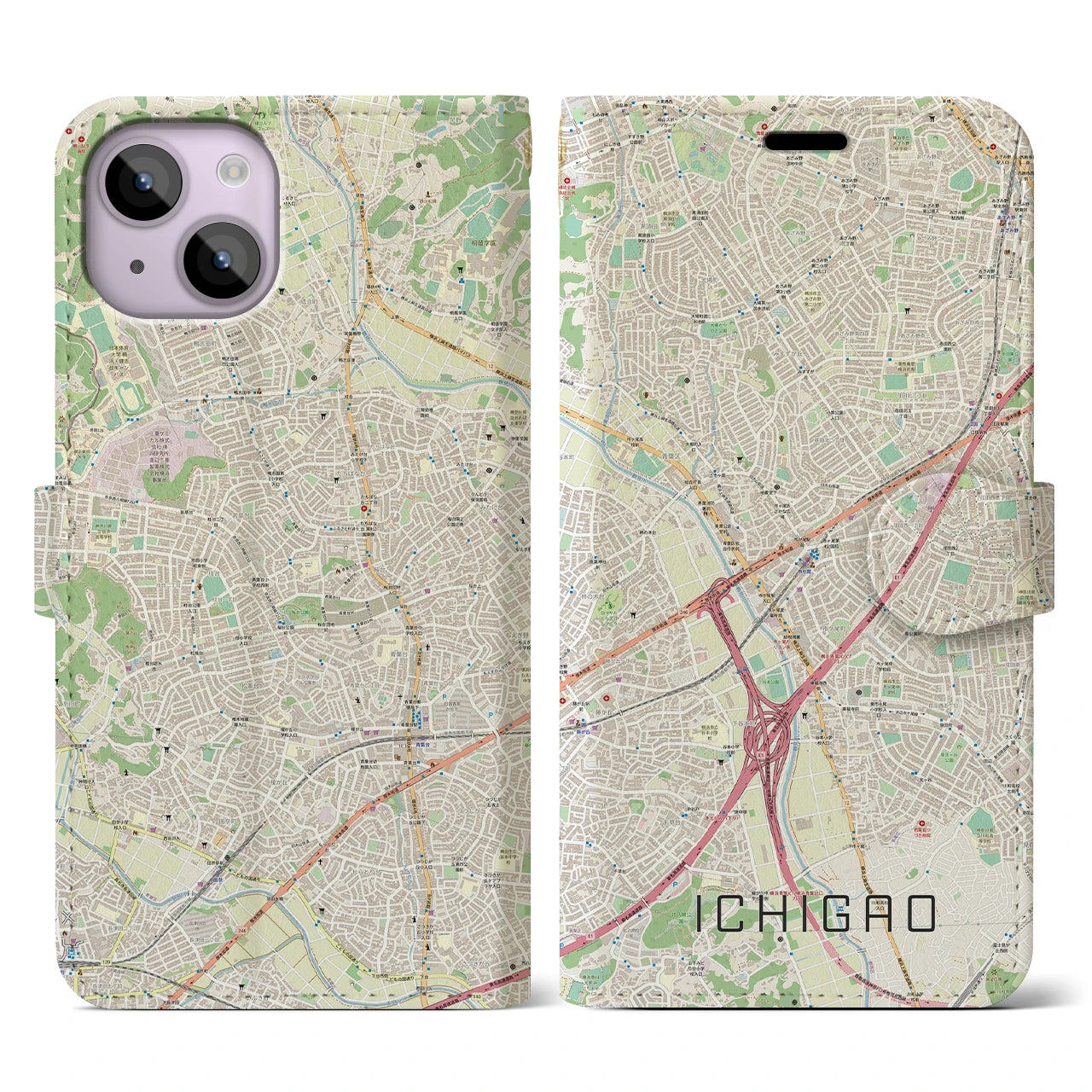 【市が尾】地図柄iPhoneケース（手帳両面タイプ・ナチュラル）iPhone 14 用