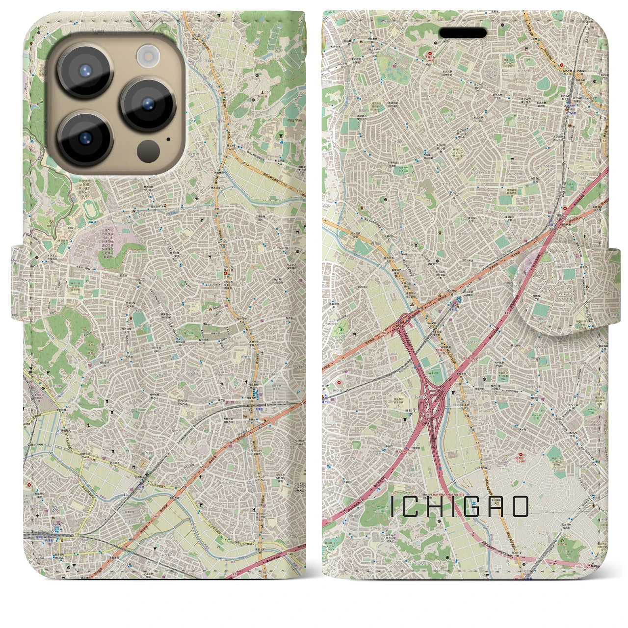 【市が尾】地図柄iPhoneケース（手帳両面タイプ・ナチュラル）iPhone 14 Pro Max 用