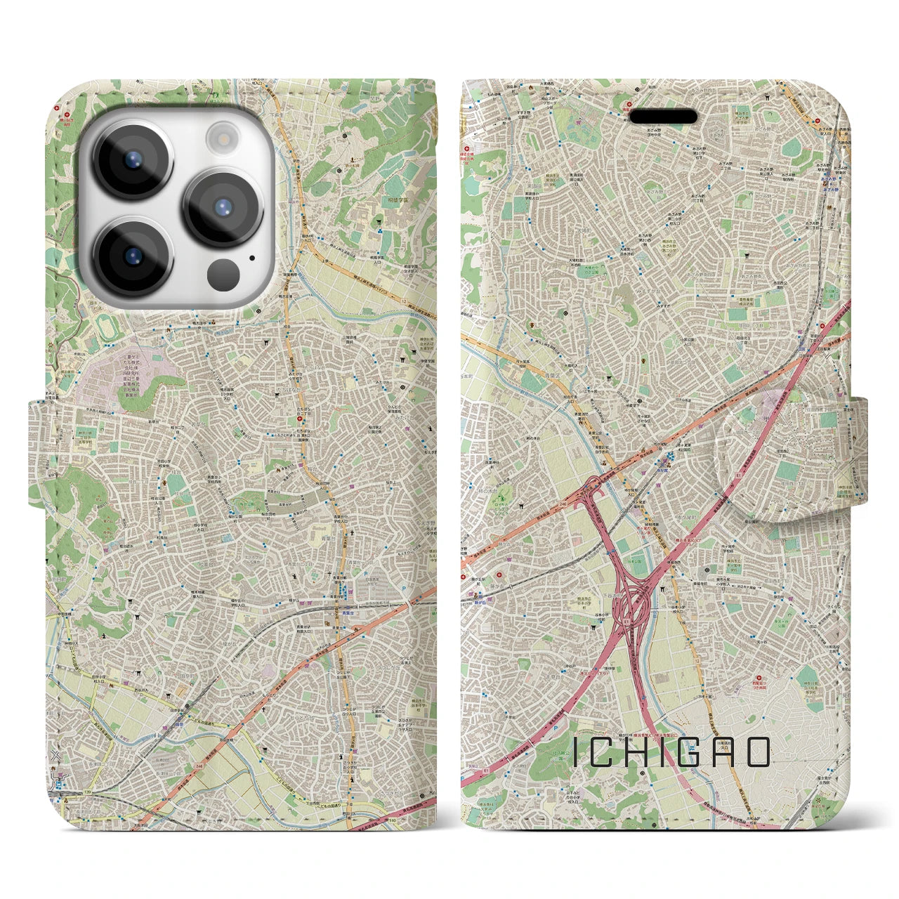 【市が尾】地図柄iPhoneケース（手帳両面タイプ・ナチュラル）iPhone 14 Pro 用