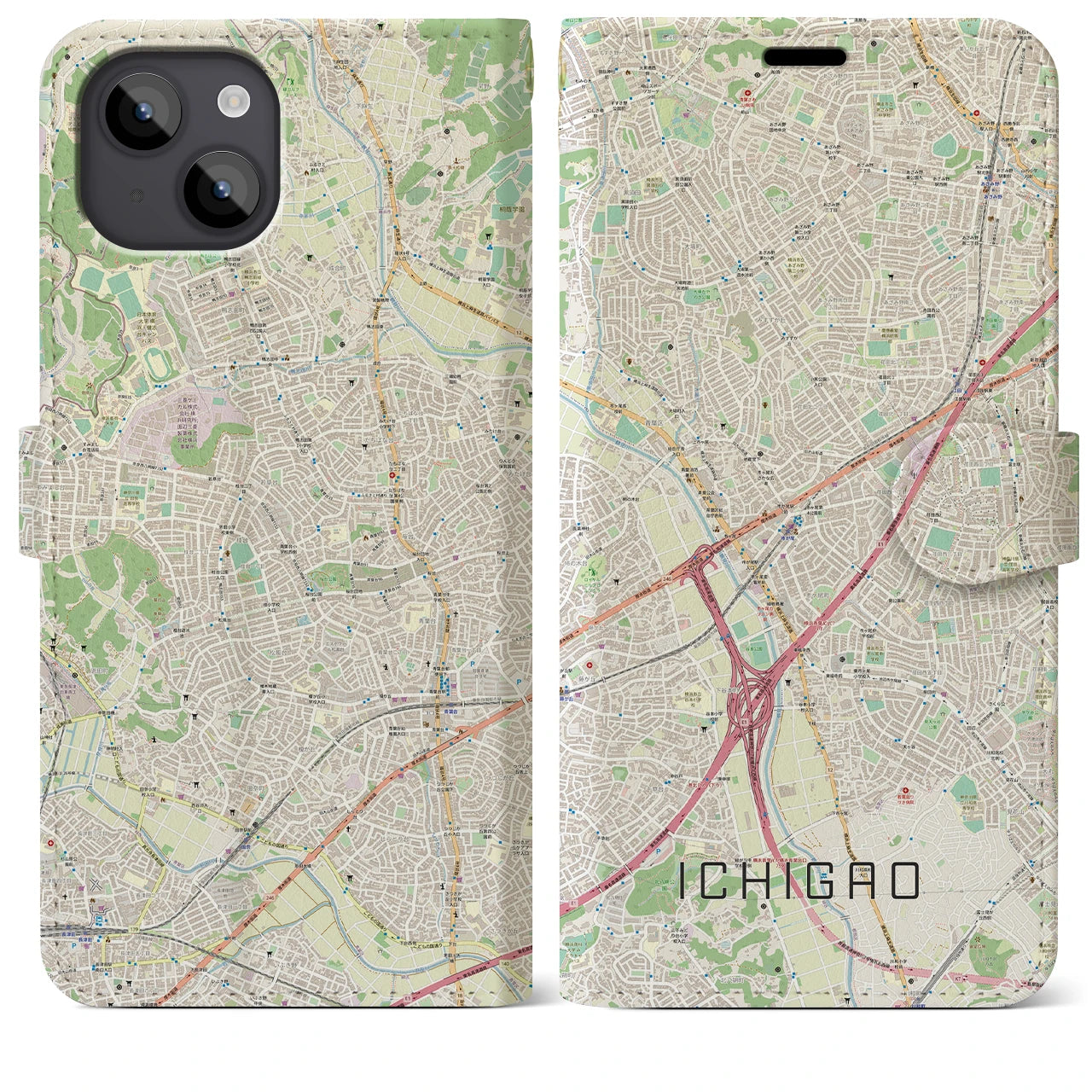 【市が尾】地図柄iPhoneケース（手帳両面タイプ・ナチュラル）iPhone 14 Plus 用