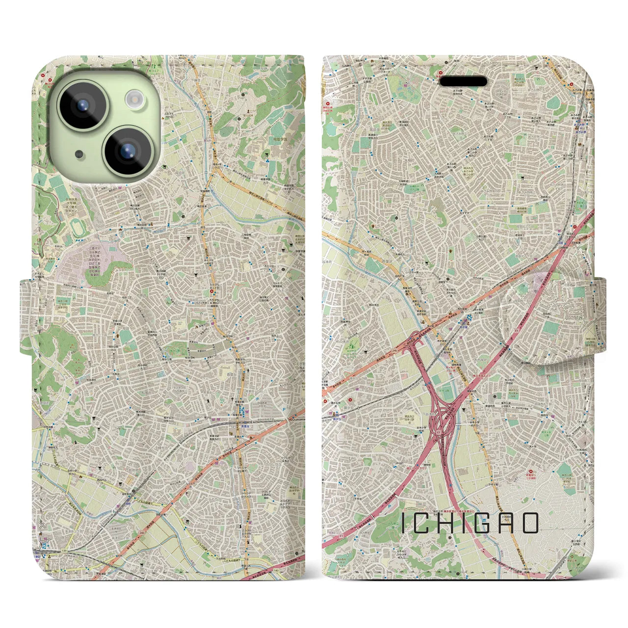 【市が尾】地図柄iPhoneケース（手帳両面タイプ・ナチュラル）iPhone 15 用