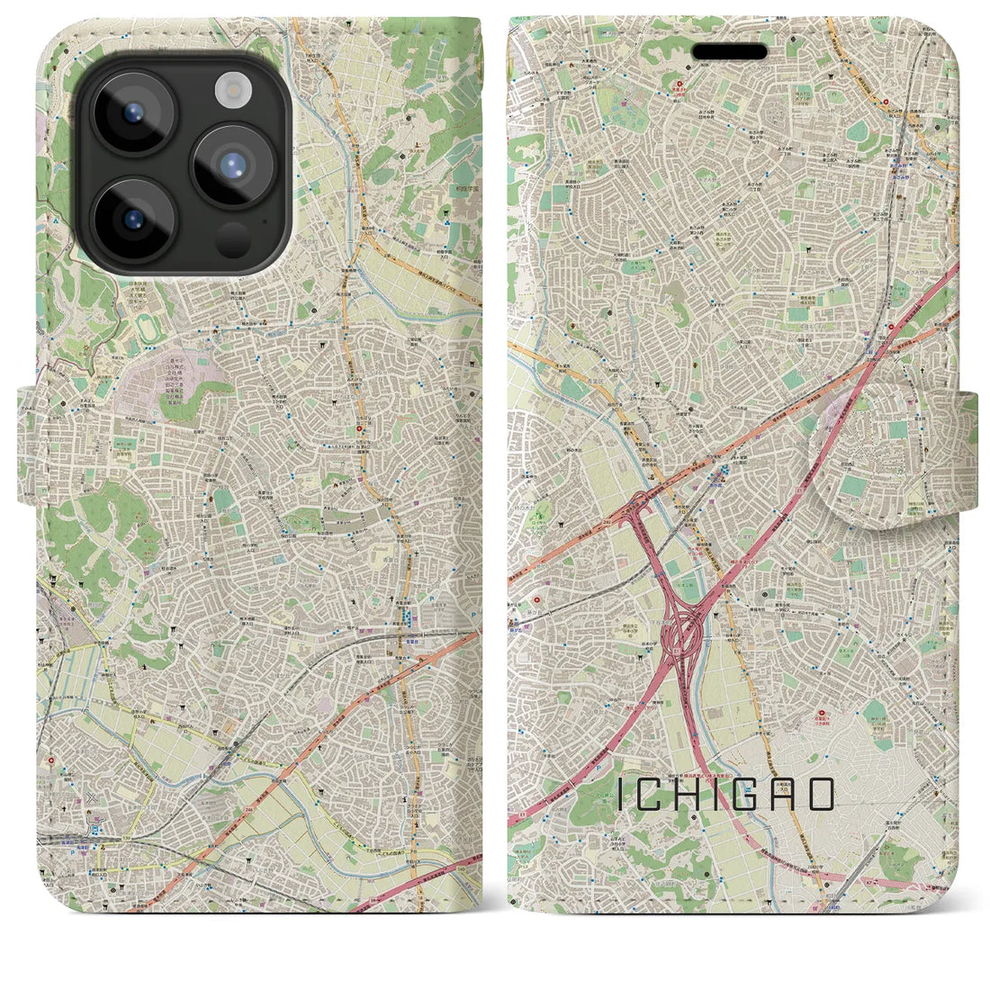 【市が尾】地図柄iPhoneケース（手帳両面タイプ・ナチュラル）iPhone 15 Pro Max 用