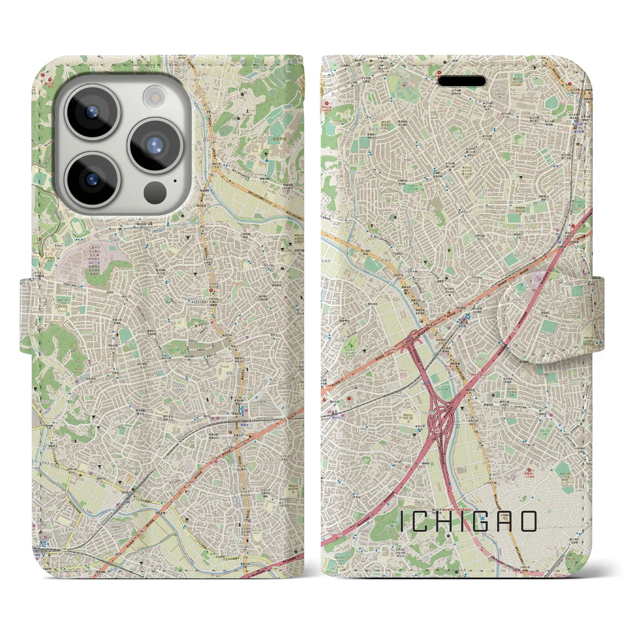 【市が尾】地図柄iPhoneケース（手帳両面タイプ・ナチュラル）iPhone 15 Pro 用