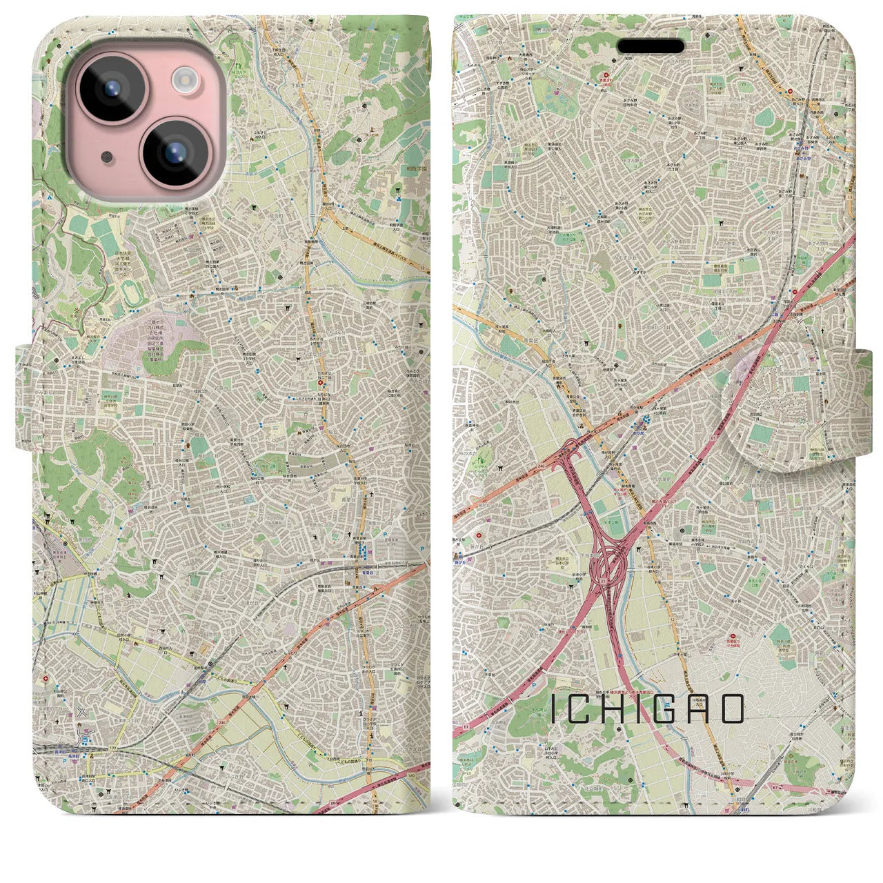 【市が尾】地図柄iPhoneケース（手帳両面タイプ・ナチュラル）iPhone 15 Plus 用