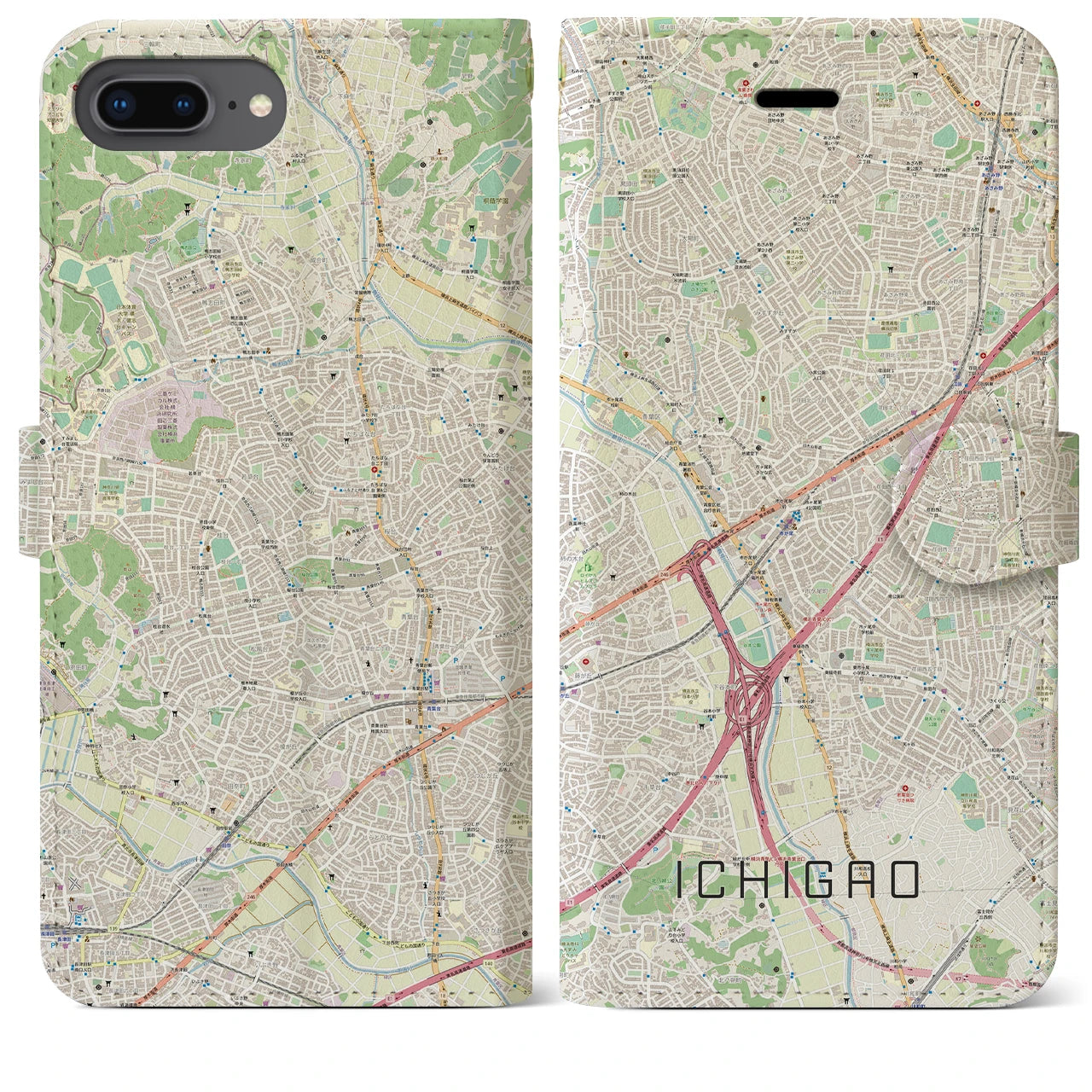 【市が尾】地図柄iPhoneケース（手帳両面タイプ・ナチュラル）iPhone 8Plus /7Plus / 6sPlus / 6Plus 用