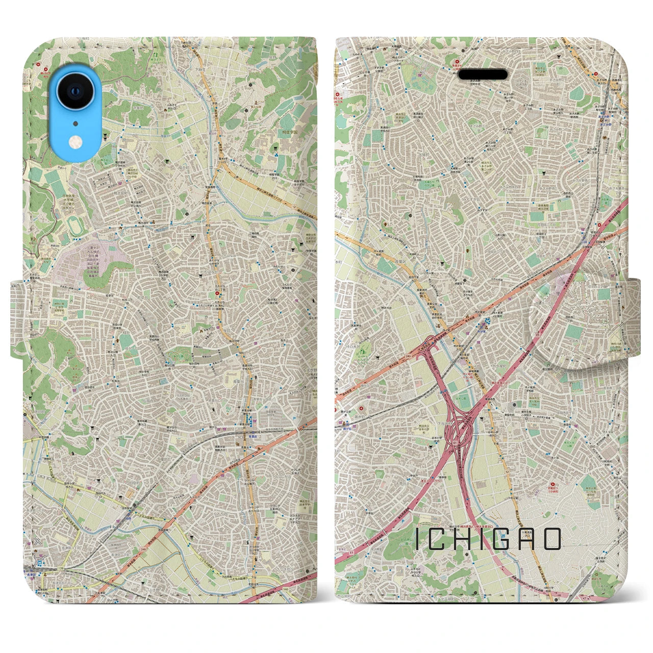 【市が尾】地図柄iPhoneケース（手帳両面タイプ・ナチュラル）iPhone XR 用