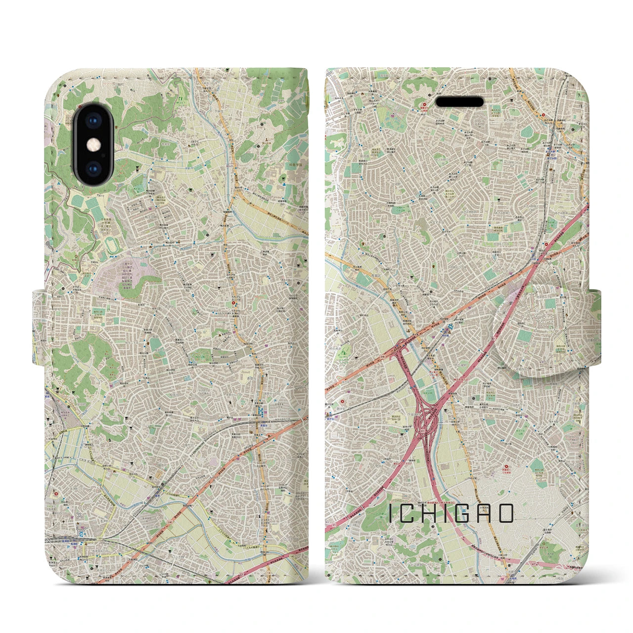 【市が尾】地図柄iPhoneケース（手帳両面タイプ・ナチュラル）iPhone XS / X 用