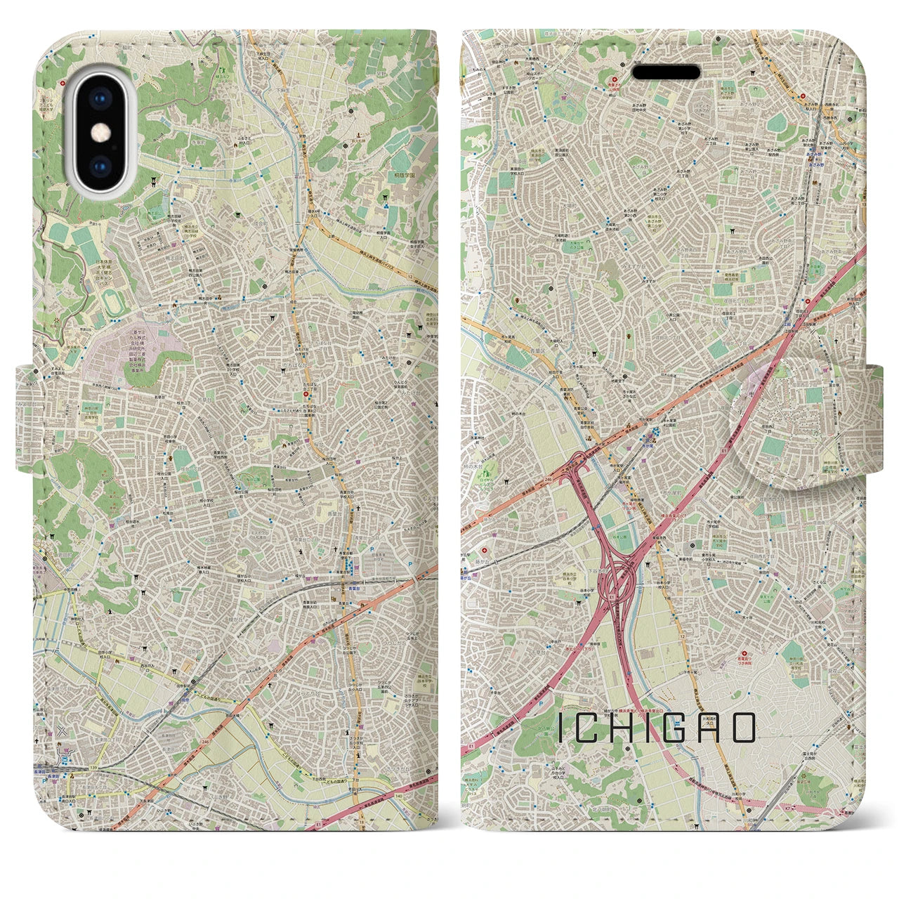 【市が尾】地図柄iPhoneケース（手帳両面タイプ・ナチュラル）iPhone XS Max 用