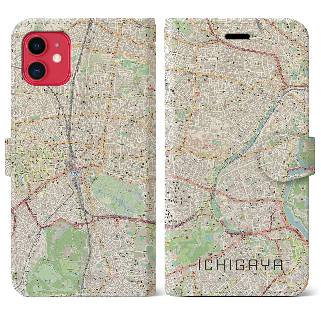 【市ケ谷】地図柄iPhoneケース（手帳両面タイプ・ナチュラル）iPhone 11 用