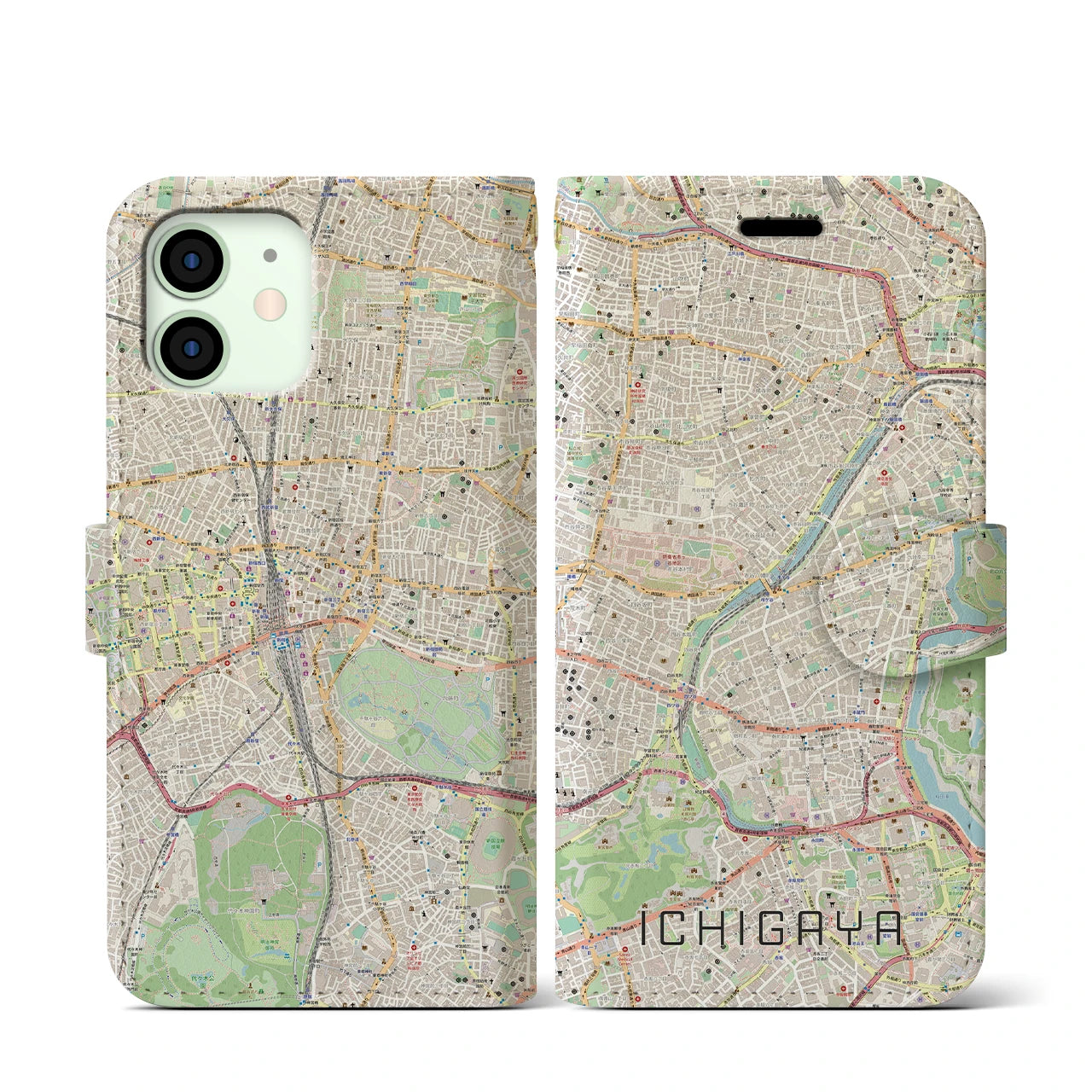 【市ケ谷】地図柄iPhoneケース（手帳両面タイプ・ナチュラル）iPhone 12 mini 用