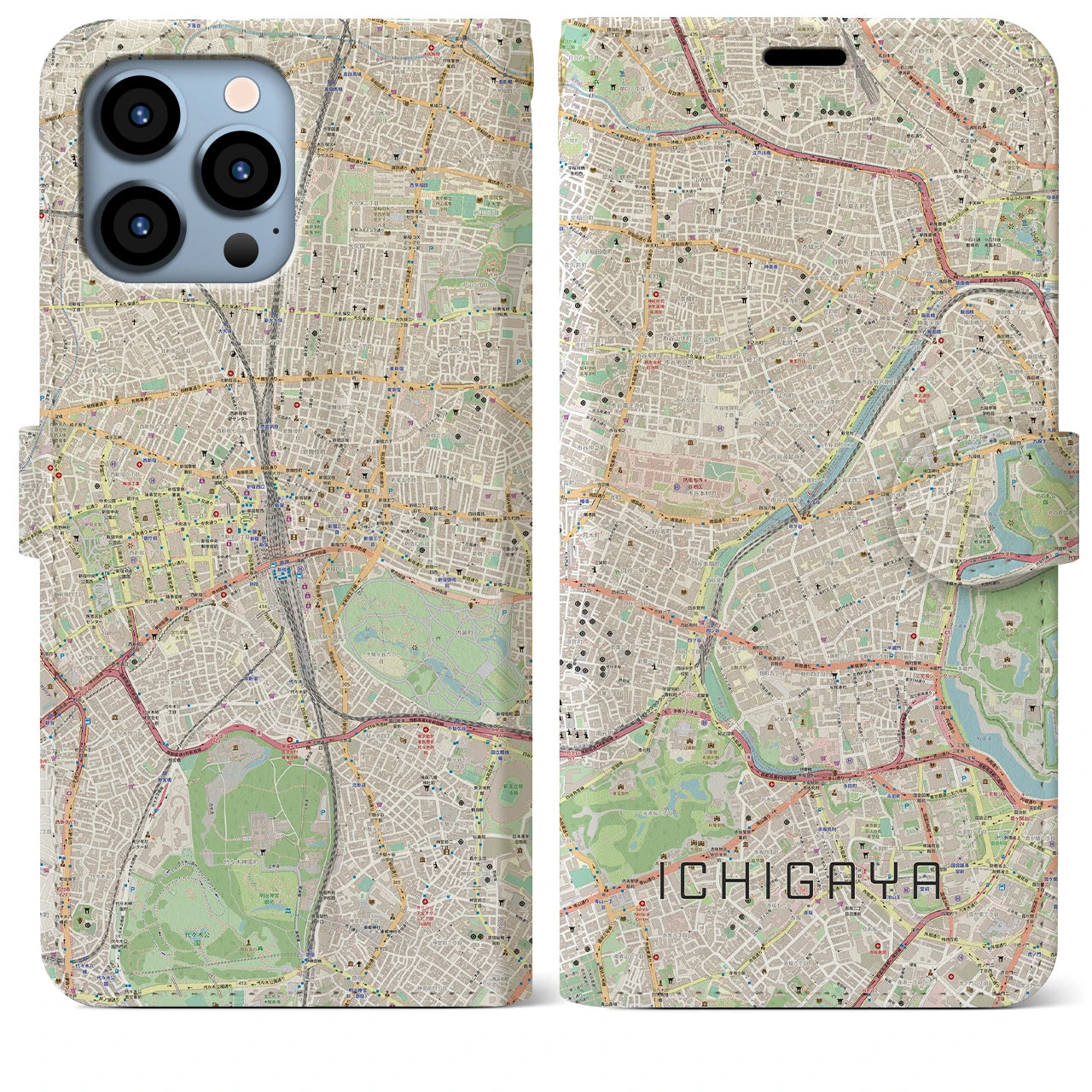 【市ケ谷】地図柄iPhoneケース（手帳両面タイプ・ナチュラル）iPhone 13 Pro Max 用