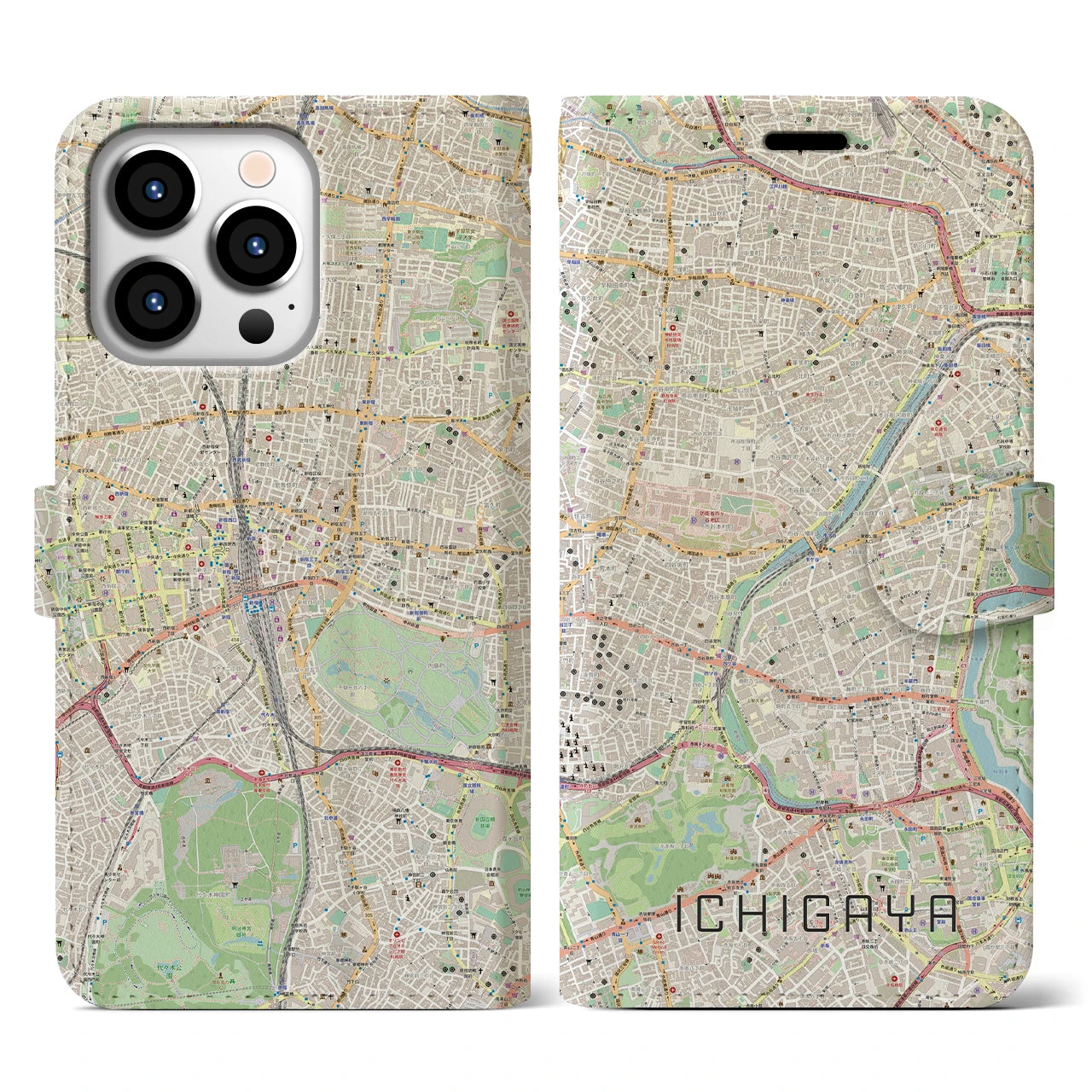 【市ケ谷】地図柄iPhoneケース（手帳両面タイプ・ナチュラル）iPhone 13 Pro 用
