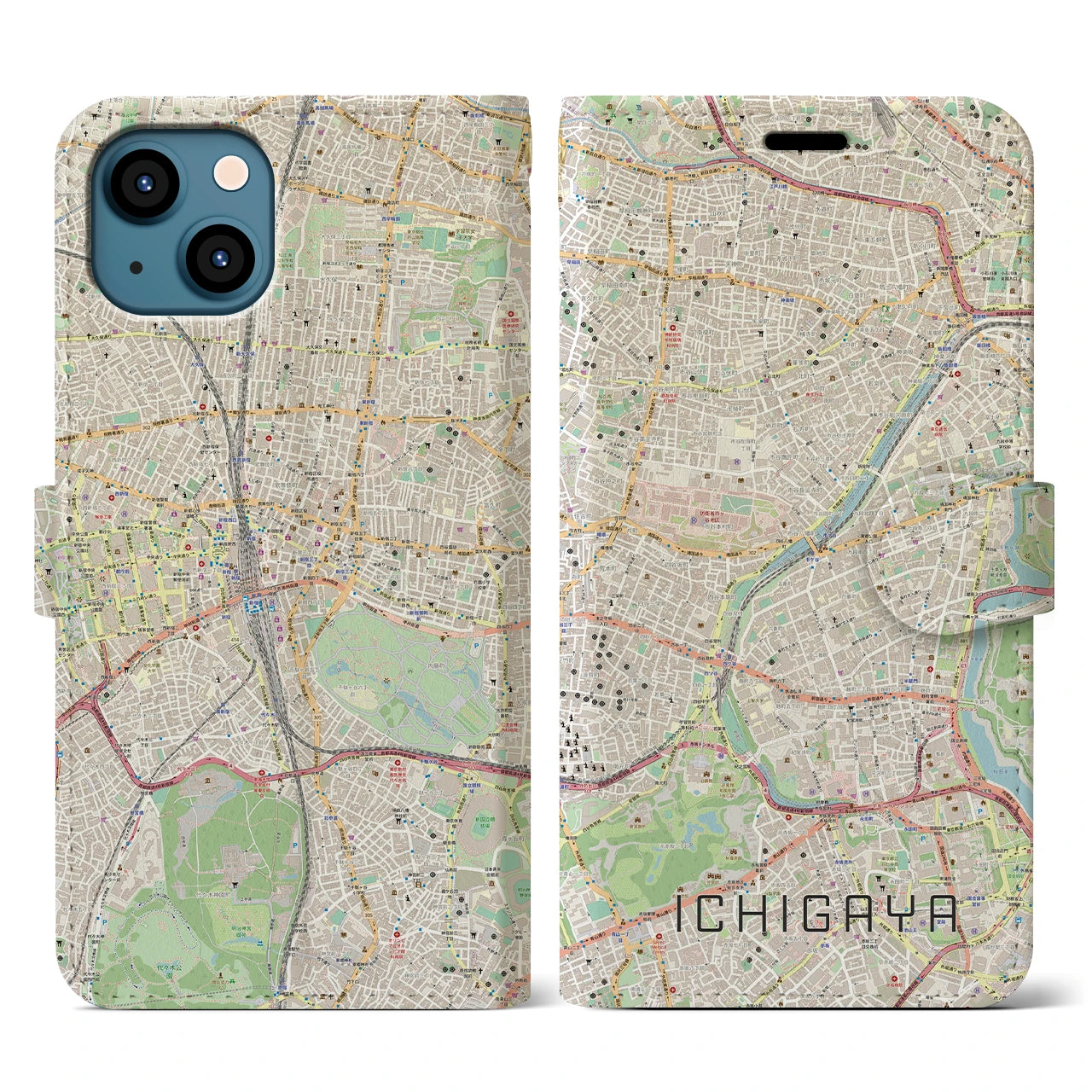 【市ケ谷】地図柄iPhoneケース（手帳両面タイプ・ナチュラル）iPhone 13 用