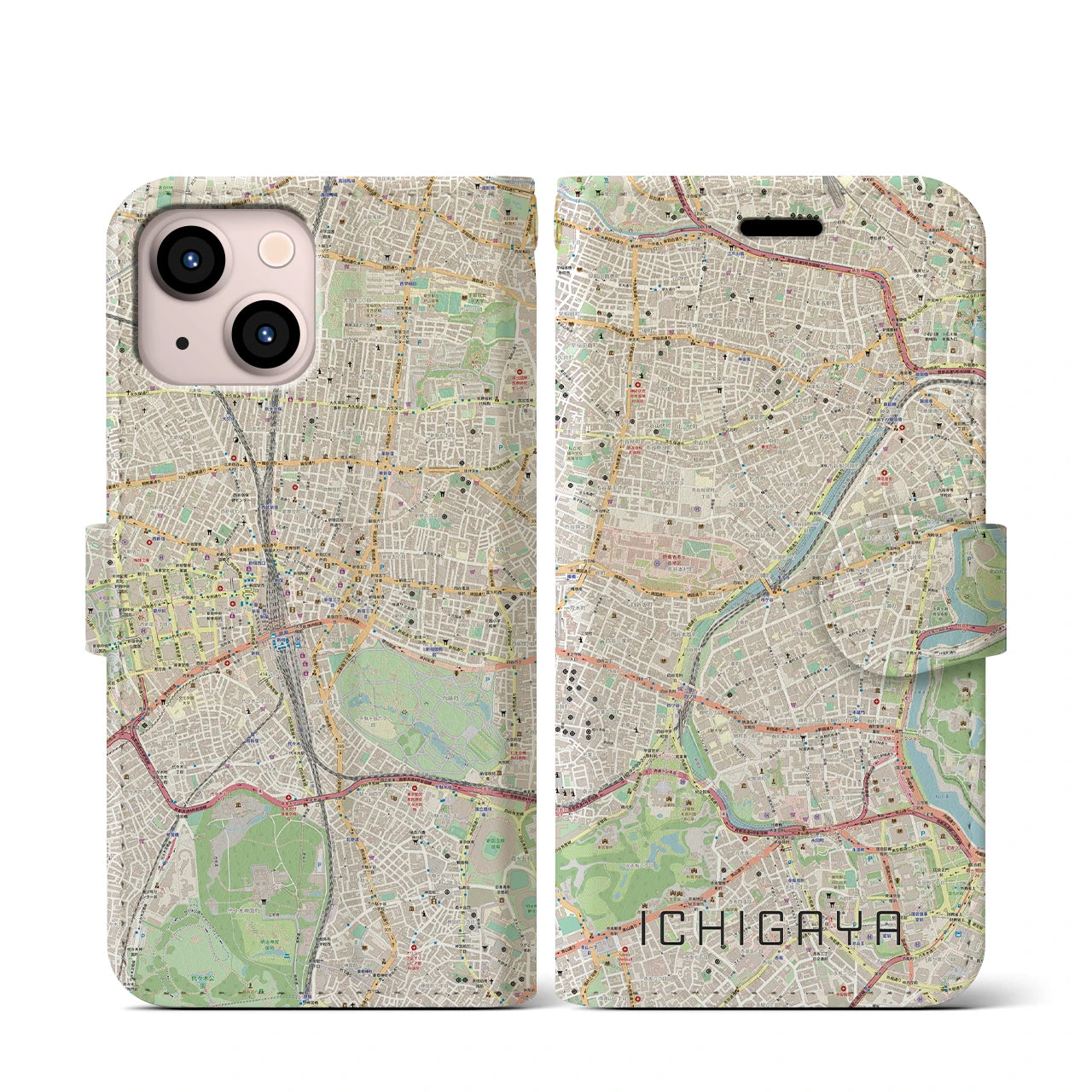 【市ケ谷】地図柄iPhoneケース（手帳両面タイプ・ナチュラル）iPhone 13 mini 用